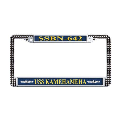 USS Kamehameha SSBN-642 Black Rhinestone Car License Plate Frame Holder - Military Navy Submarine Enthusiast Gift for Men, Perfect for Veterans Day & Patriotic Car Accessories