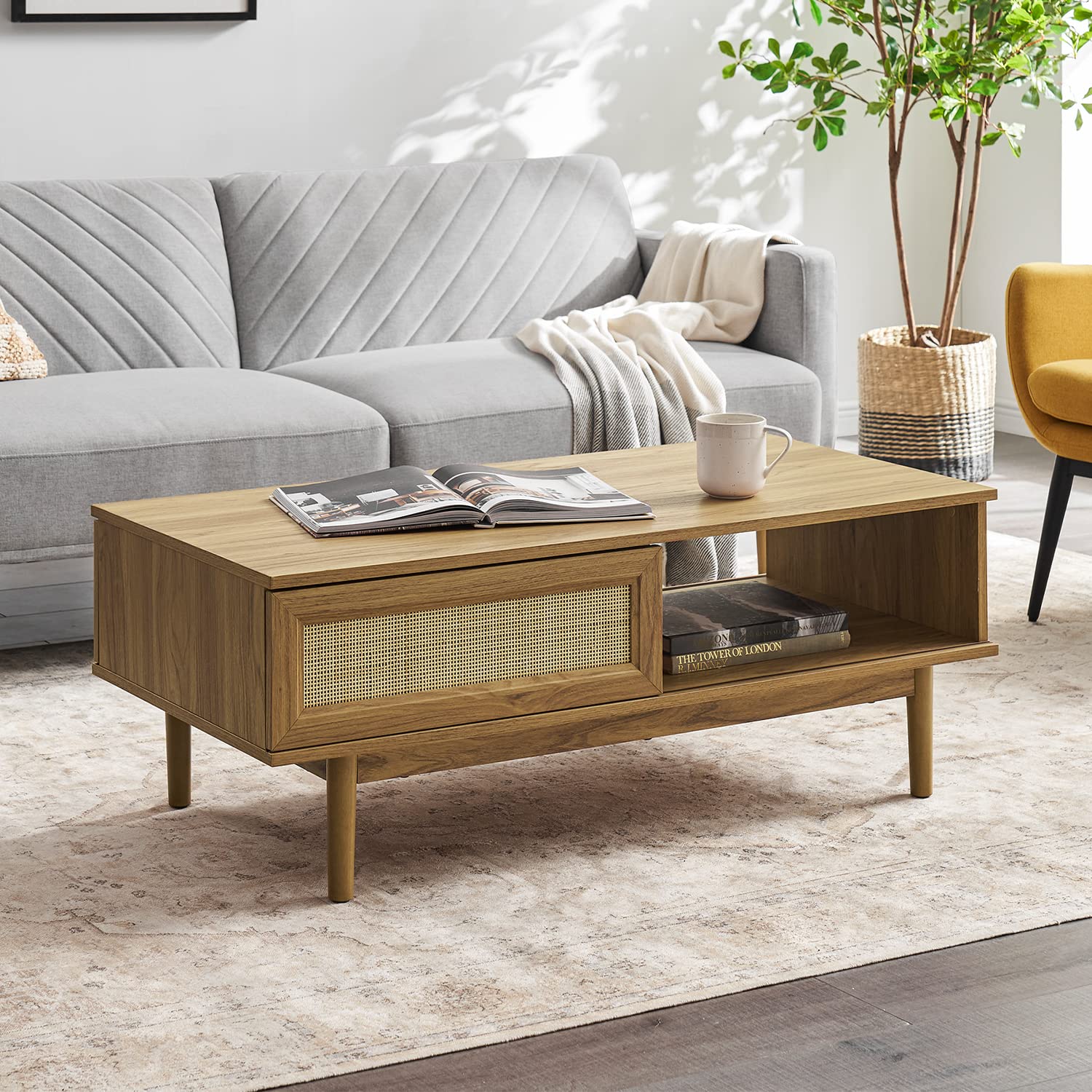 Haylee Coffee Table - Modern Boho Farmhouse Style Natural Rattan Living Room Table with Storage Shelf, Small Center Table for Living Room, Bedroom, or Office (Oak Finish) - Perfect for Coffee, Books, and Decor Display