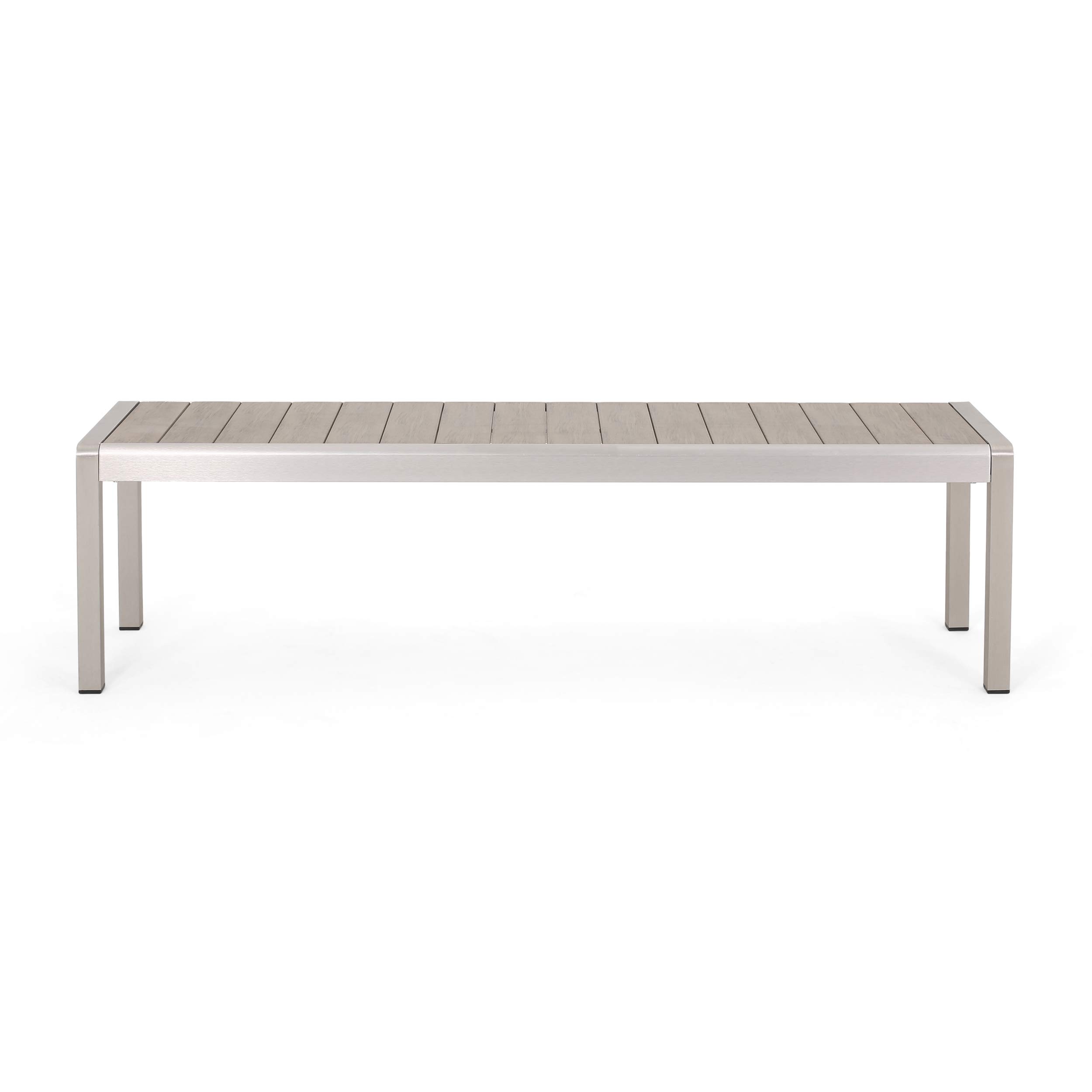 Modern Outdoor Aluminum Dining Bench with Faux Wood Seat - Natural & Silver - Weather-Resistant Patio Furniture for Garden, Deck, and Poolside Dining