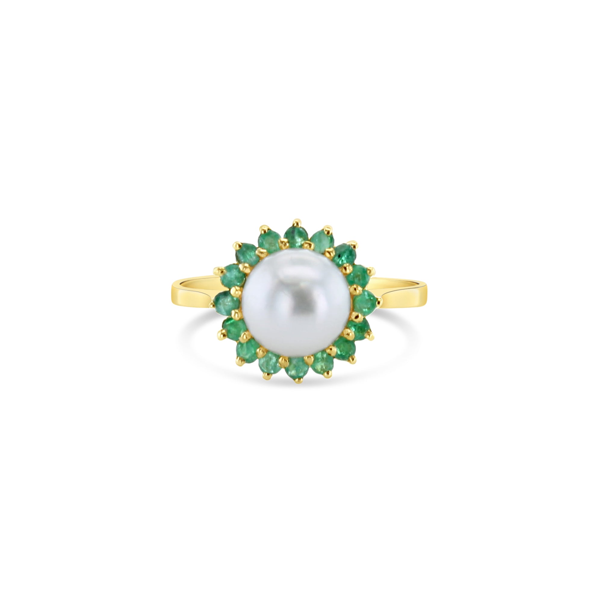 14k Yellow Gold Pearl & Emerald Halo Ring | Elegant Vintage Jewelry for Women | Perfect for Weddings, Anniversaries & Special Occasions