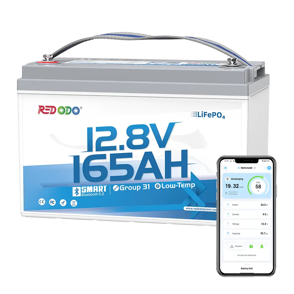 Redodo 12V 165Ah Group 31 Bluetooth Lithium Battery - Deep Cycle for RV, Marine, Solar Power - Perfect for Off-Grid Living & Emergency Backup Power