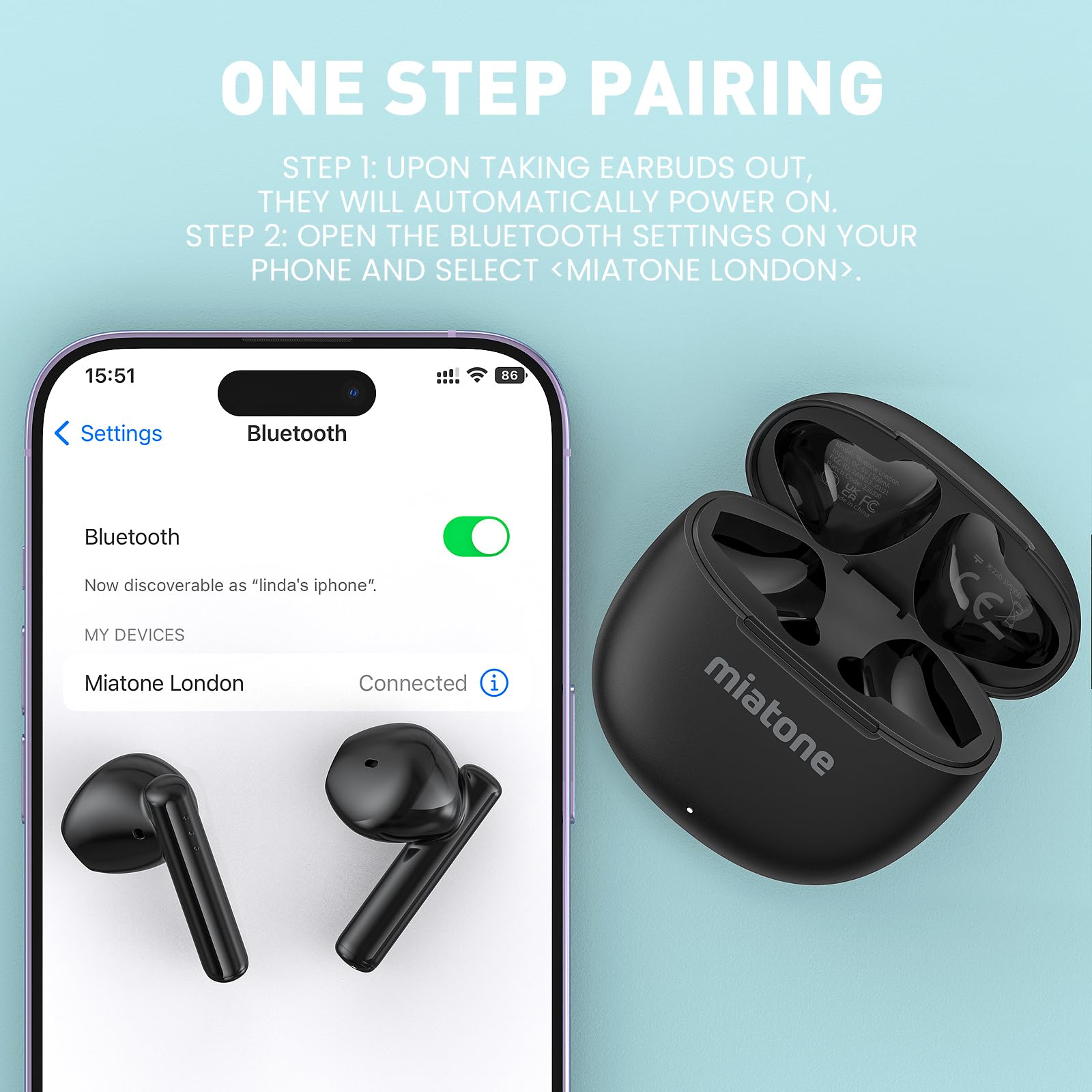 MIATONE Wireless Earbuds Bluetooth 5.3 - 50H Playtime IPX7 Waterproof Stereo Sound In-Ear Headphones with Clear Calls for Running, Gym, Swimming & Travel (Black)