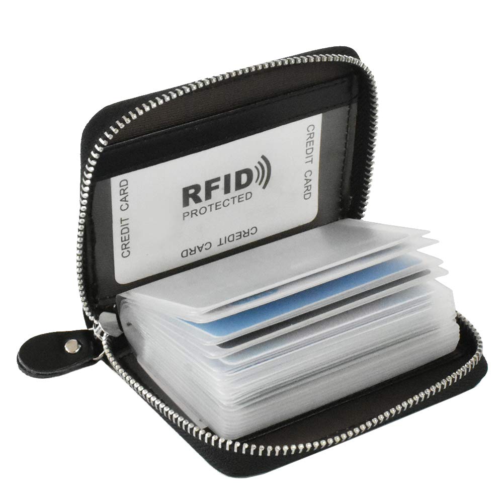 Premium RFID Blocking Leather Card Holder for Women & Men - 20 Slot Credit Card Wallet Organizer (Sand Leather, Black) - Ideal for Travel, Business & Everyday Use