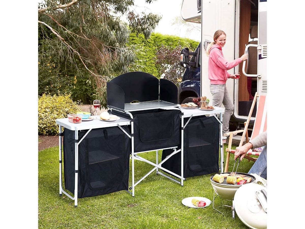 6 Inch Aluminum Portable Fold-Up Camping Kitchen with Windscreen & 5 Cupboards - Compact Outdoor Cook Station for BBQ, Picnic, RV, Backyard & Tailgating | Perfect for Camping, Hiking & Outdoor Adventures