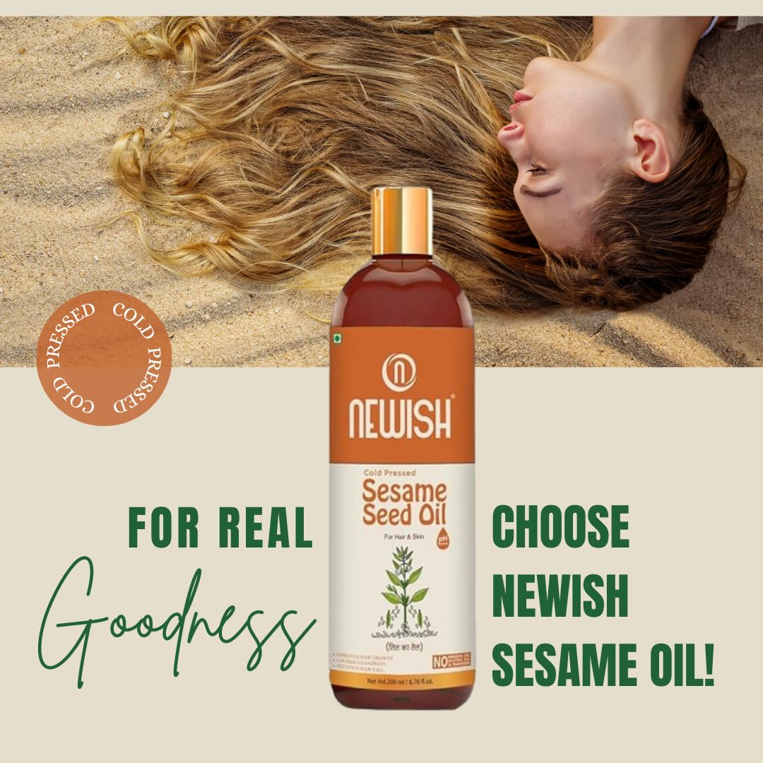 100% Pure & Natural Cold Pressed Sesame Oil for Hair, Skin & Massage (Til Ka Tel/Til Oil, Gingelly Oil) - 200ml - Promotes Hair Growth, Skin Hydration & Relaxing Massage Therapy