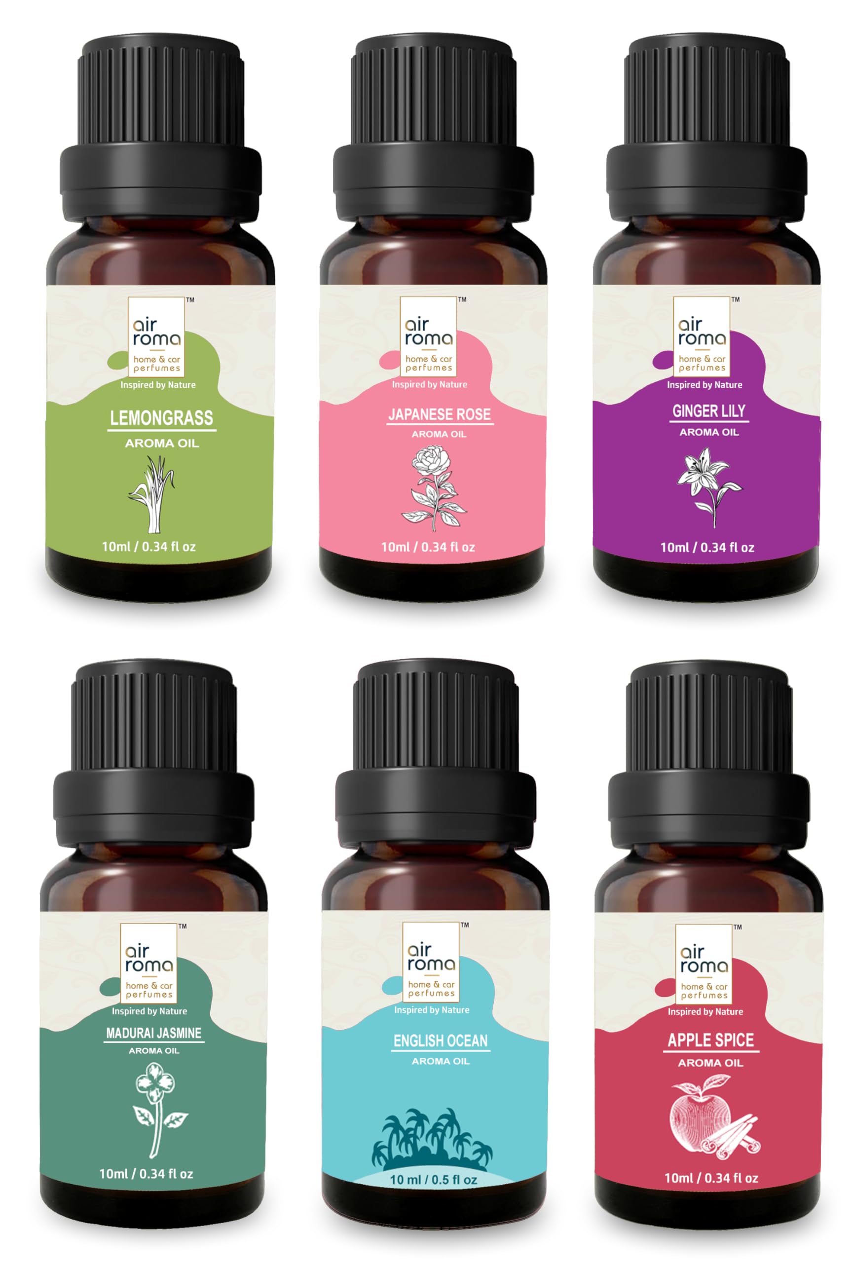 Premium AIR-ROMA Essential Oil Diffuser Set - 6 Fragrances (Lemongrass, Japanese Rose, Jasmine, Apple Spice, Ocean Breeze, Ginger Lily) 60ml Bottles for Aromatherapy, Home Relaxation, Office & Spa Use