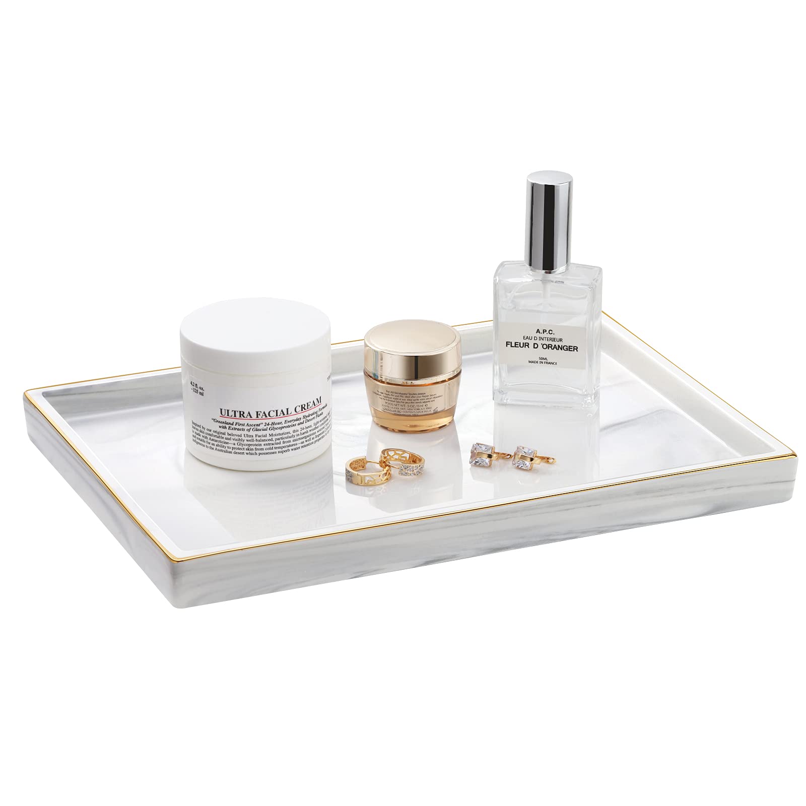 Shinowa Ceramic Vanity Tray - Marble Finish Rectangle Perfume & Jewelry Organizer for Bathroom Countertop, Dresser, Living Room & Kitchen - Large White Decorative Tray (Perfect for Organizing Fragrances, Cosmetics & Accessories)