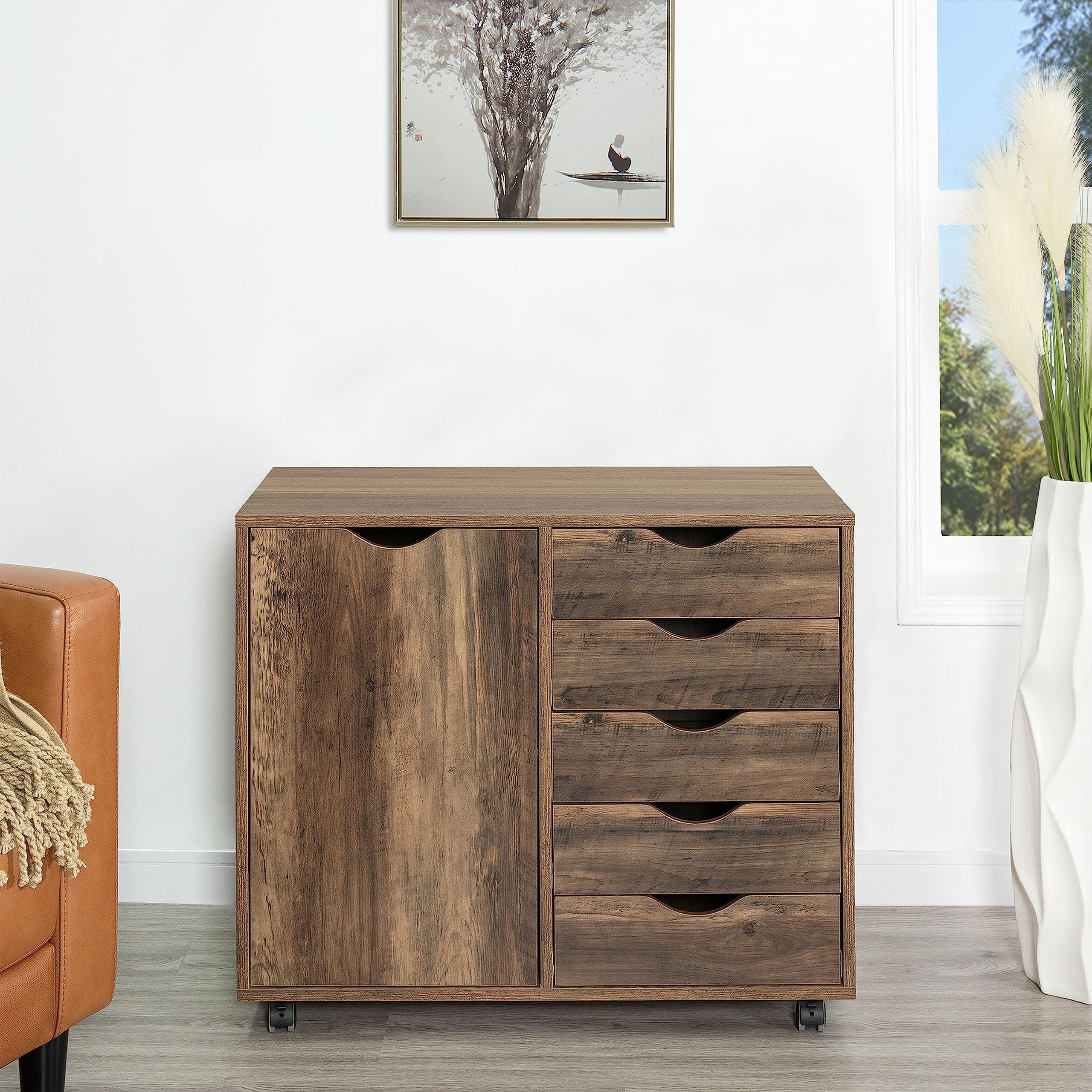 Naomi Home 5-Drawer Office Storage File Cabinet with Shelf & Wheels - Brown Oak, Under Desk Organizer for Home Office, Printer Stand with Storage | Perfect for Small Spaces & Workspace Organization (Model 11369AM)