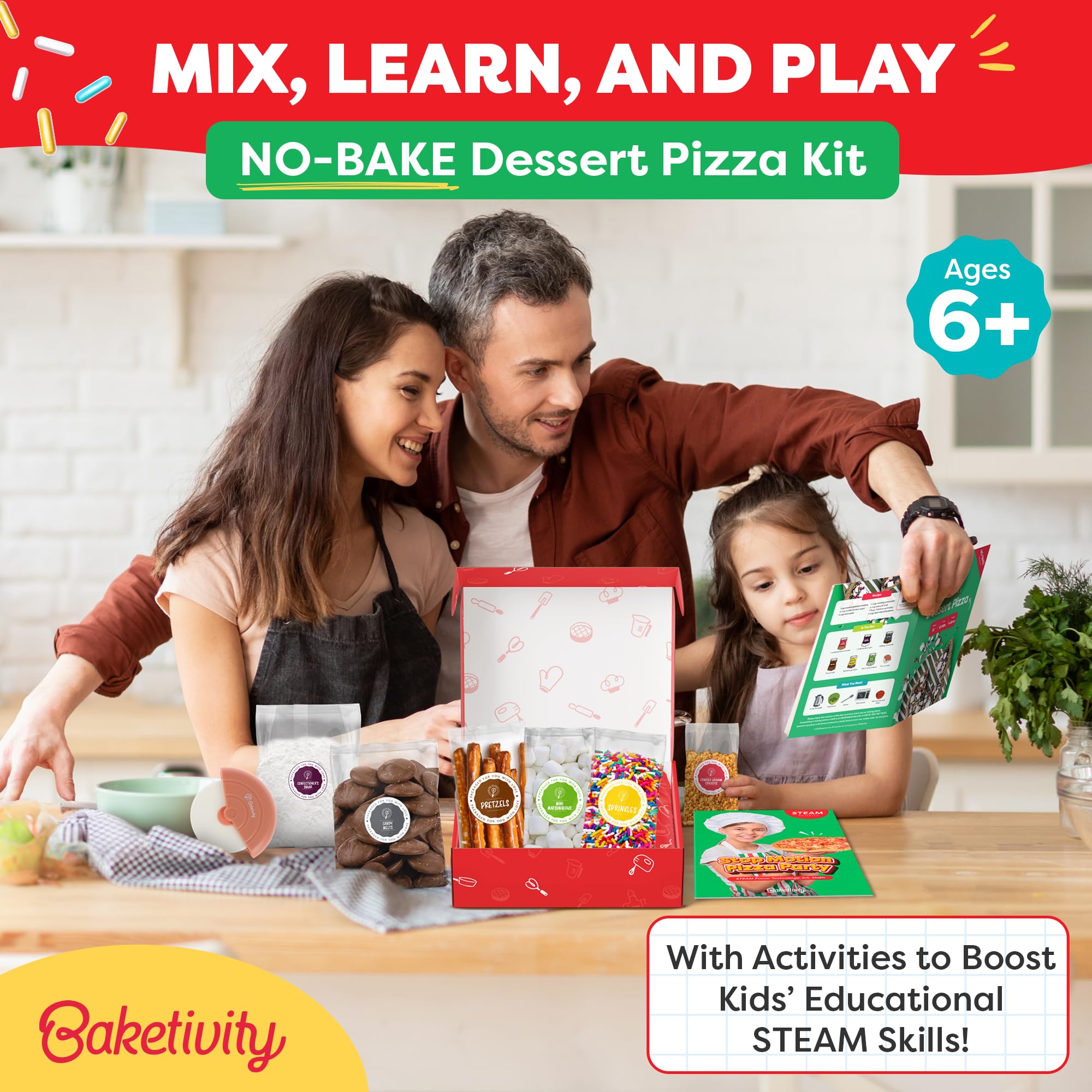 BAKETIVITY No-Bake Dessert Pizza Kit for Kids - STEAM Baking Activity Set with Educational Lesson | Fun DIY Pizza Party Baking Kit | No Oven Required for Easy Family Cooking & STEM Learning at Home