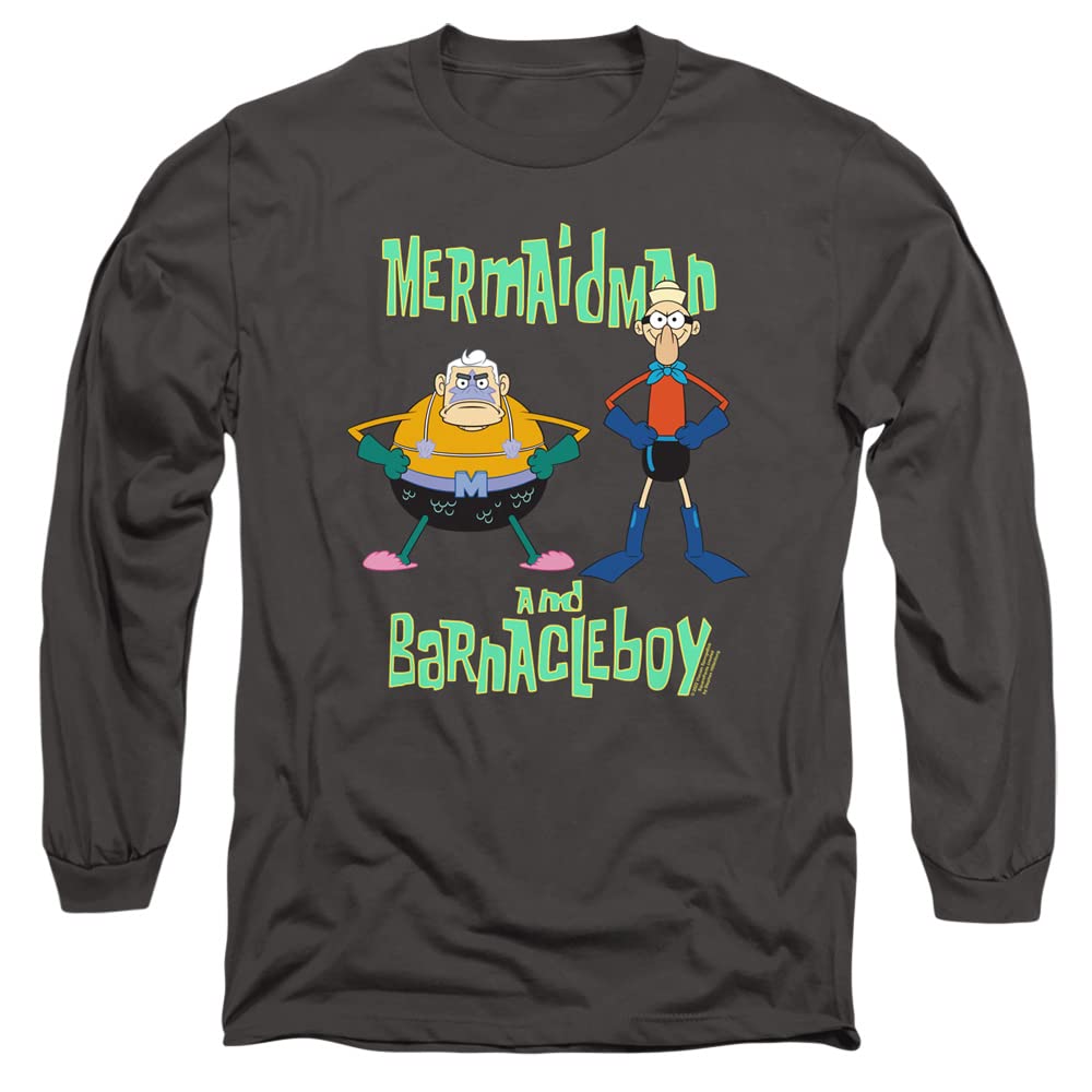 Popfunk Classic SpongeBob Mermaid Man & Barnacle Boy Unisex Long Sleeve T-Shirt for Adults | Cartoon Graphic Tee for Casual Wear, Cosplay & SpongeBob Fans