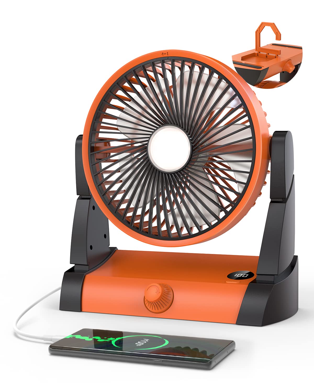 TriPole 10800mAh Portable Rechargeable Fan with LED Light & Hanging Hook - Battery Operated Tent Fan with Digital Display for Outdoor, Travel, Camping, RV, Car, Office & Home Use