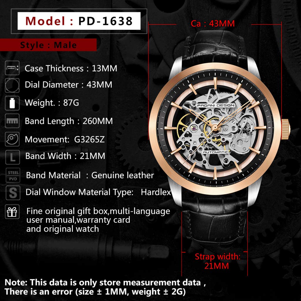 PAGANI DESIGN Automatic Skeleton Mechanical Watch for Men - Waterproof, Self-Winding, Genuine Leather Band, Stainless Steel Case - Luxury Analog Timepiece for Business & Formal Occasions