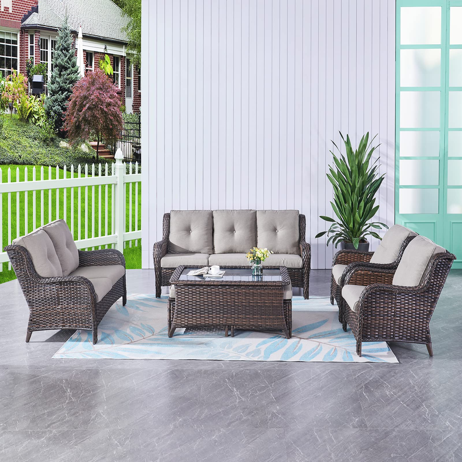 Outdoor Wicker Loveseat Patio Sofa - 2-Seat Rattan Outdoor Couch with Deep Seating & Comfortable Cushions, Brown/Grey - Perfect for Porch, Deck, Balcony, Garden & Backyard Relaxation