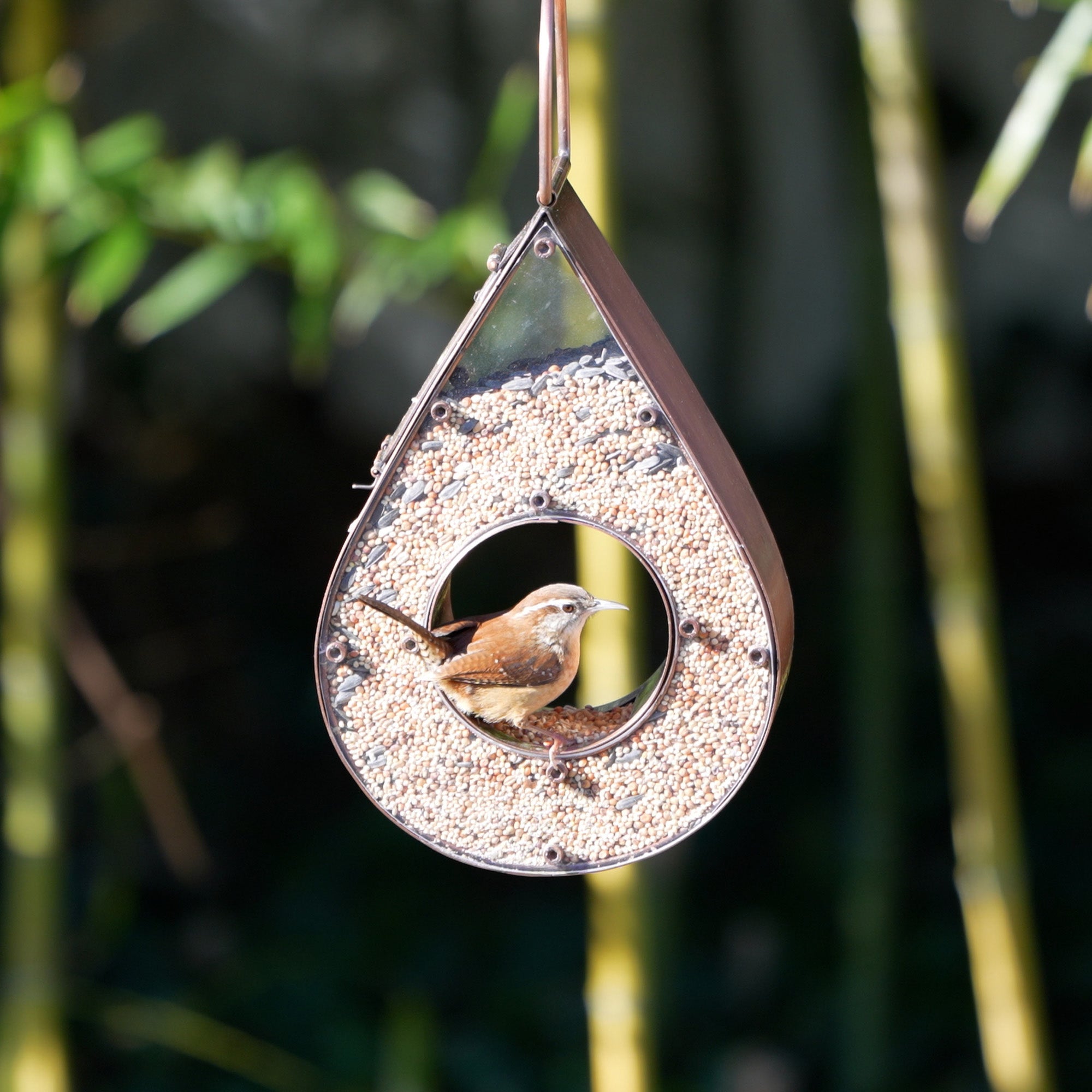 Copper Bird Feeder with Rain Drop Design - Durable Fly-Thru Feeder for Outdoor Garden, Patio, and Backyard Bird Watching