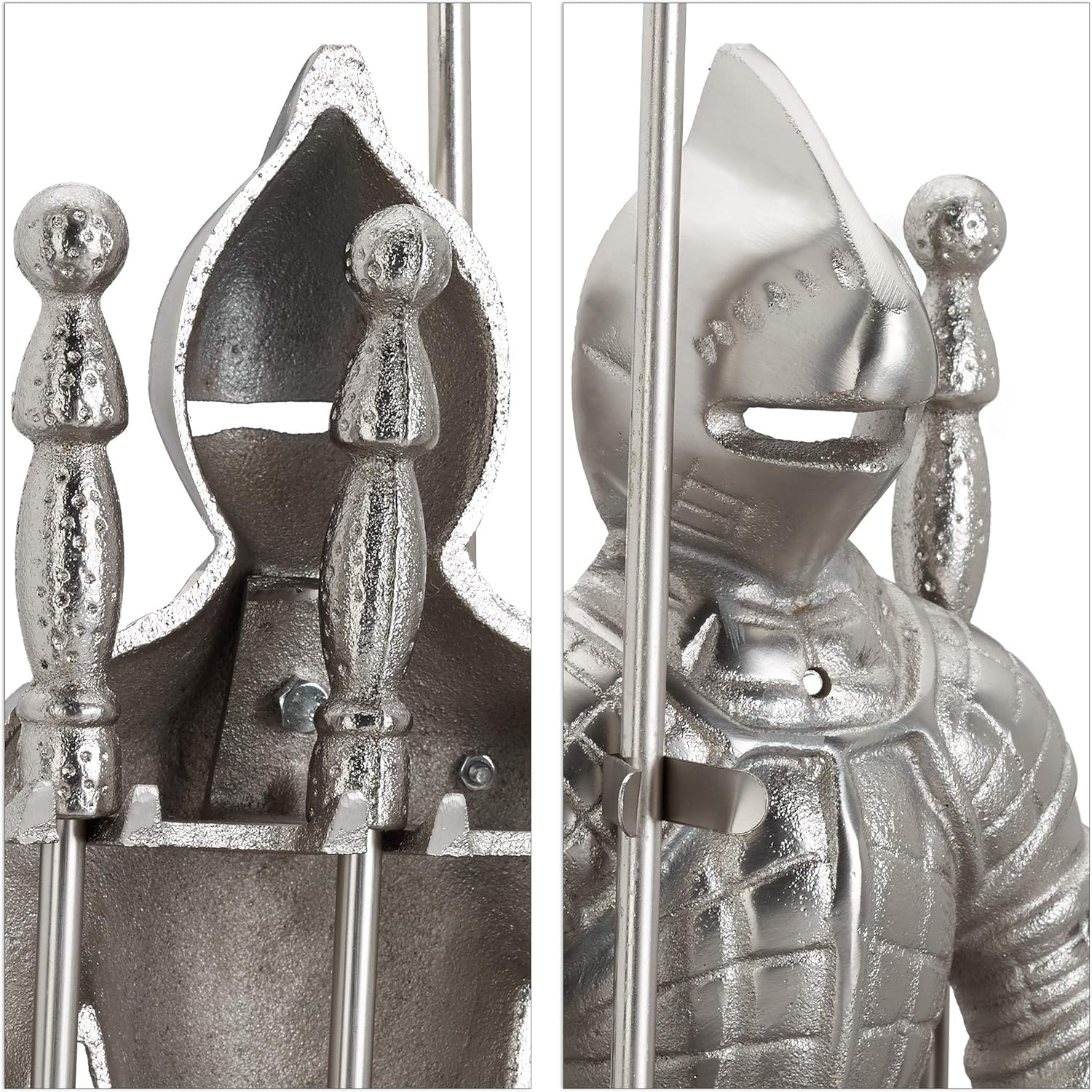 Medieval Knight Fireplace Tools Set - Heavy Duty Cast Iron Fireplace Accessories with Knights Templar & Teutonic Design - Silver Fireplace Decor for Rustic Home, Castle Theme, and Historical Interior Decoration