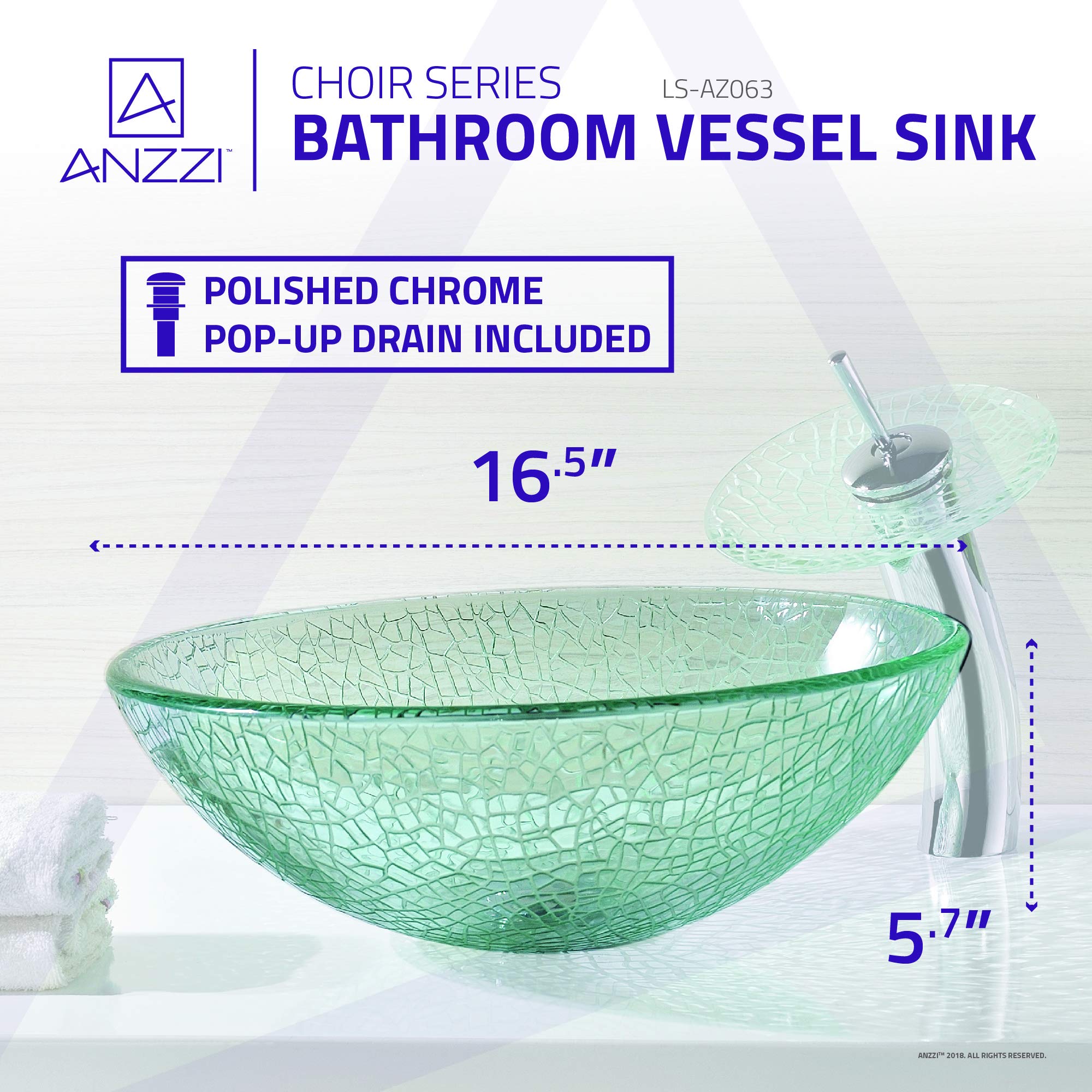 ANZZI Crystal Clear Mosaic Tempered Glass Vessel Sink with Waterfall Faucet Set - Round Above Counter Bathroom Sink Combo (LS-AZ063) | Modern Vanity for Master Bath & Powder Room