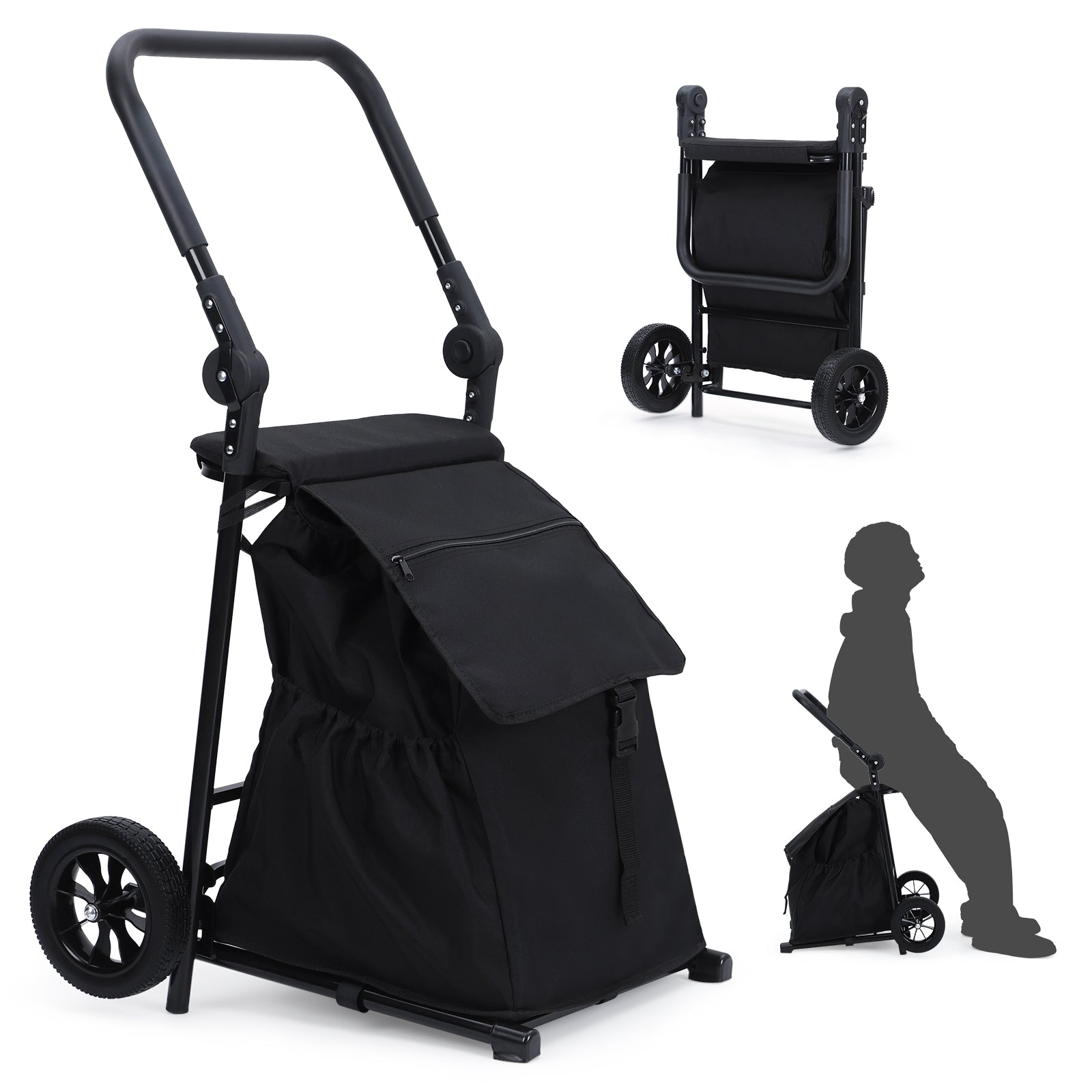 GARVEE 2 in 1 Foldable Grocery Cart with Cushioned Seat - Heavy Duty Hand Truck with Removable Waterproof Bag - Portable Utility Trolley for Shopping, Laundry & Outdoor Use - Rolling Shopping Cart for Supermarket, Beach & Picnic