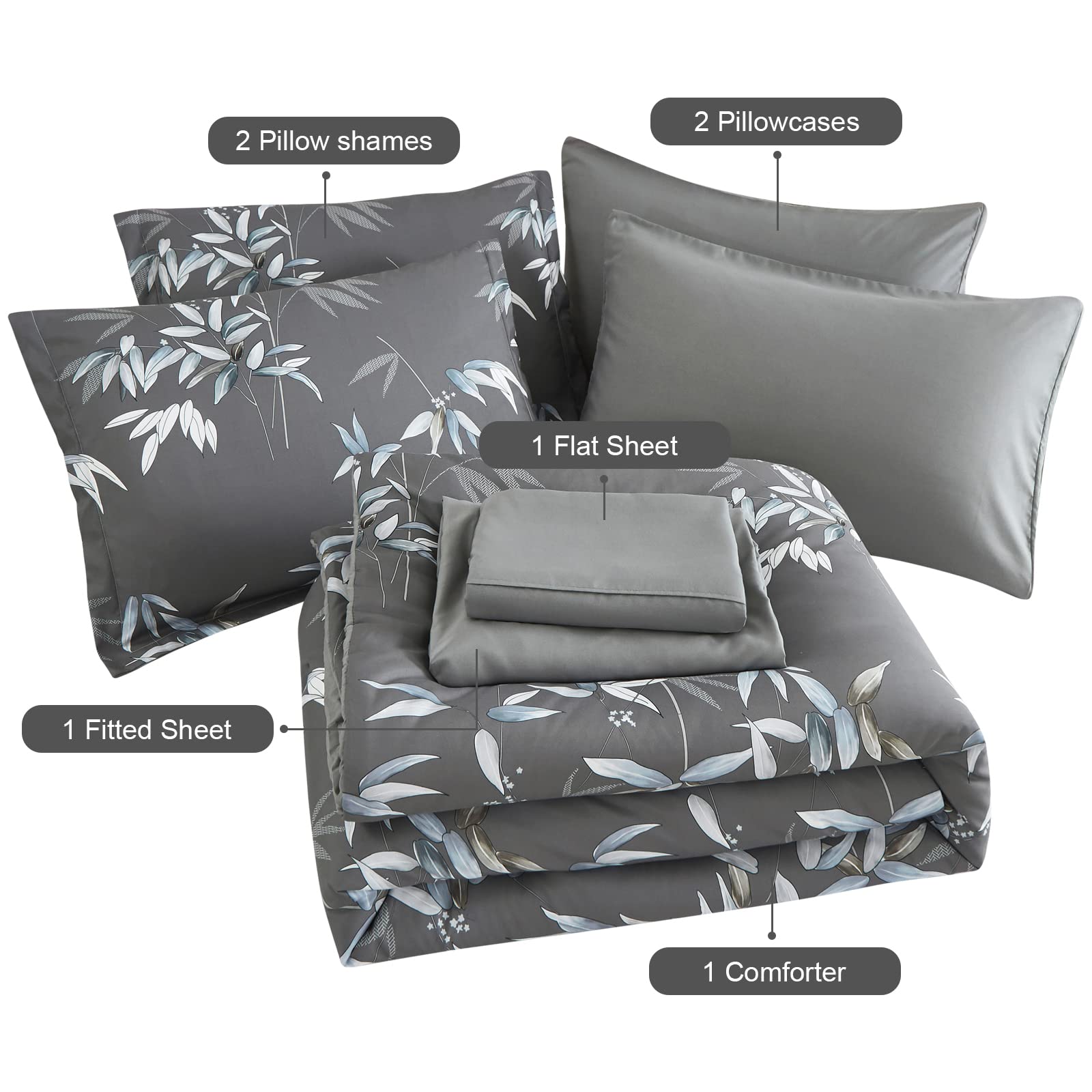 Queen Size Comforter Set - 7 Piece Bed in a Bag with Soft Lightweight Microfiber Grey Comforter, Sheets & Pillows | Ultra-Cozy Bedding for Master Bedroom, Guest Room & Dorm (Grey, Queen)