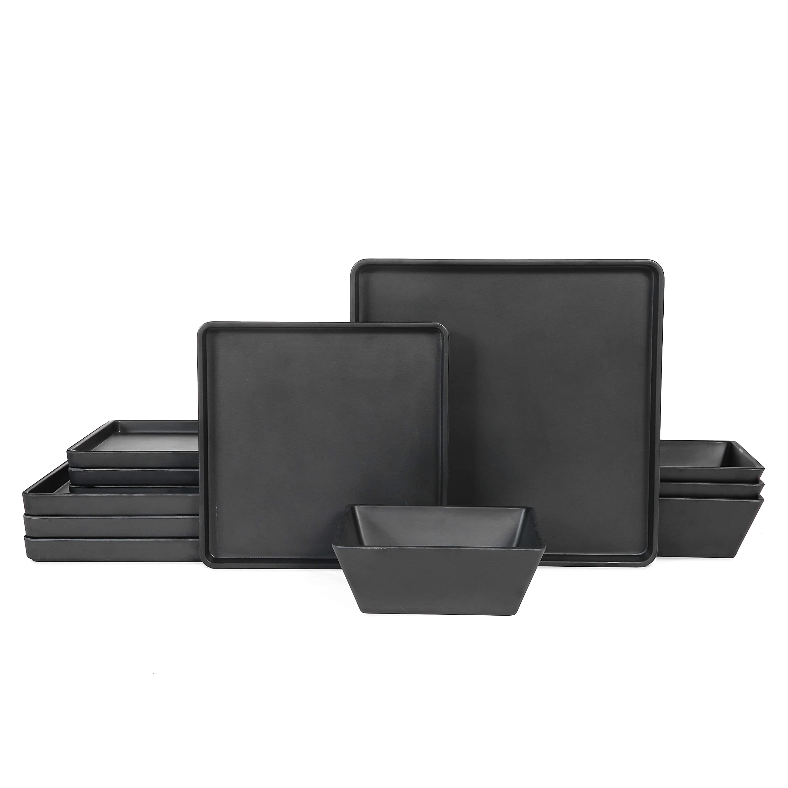 Premium 12-Piece Melamine Dinnerware Set - Durable Square Plates & Bowls in Elegant Black | Perfect for Outdoor Dining, Picnics, Camping & Everyday Use