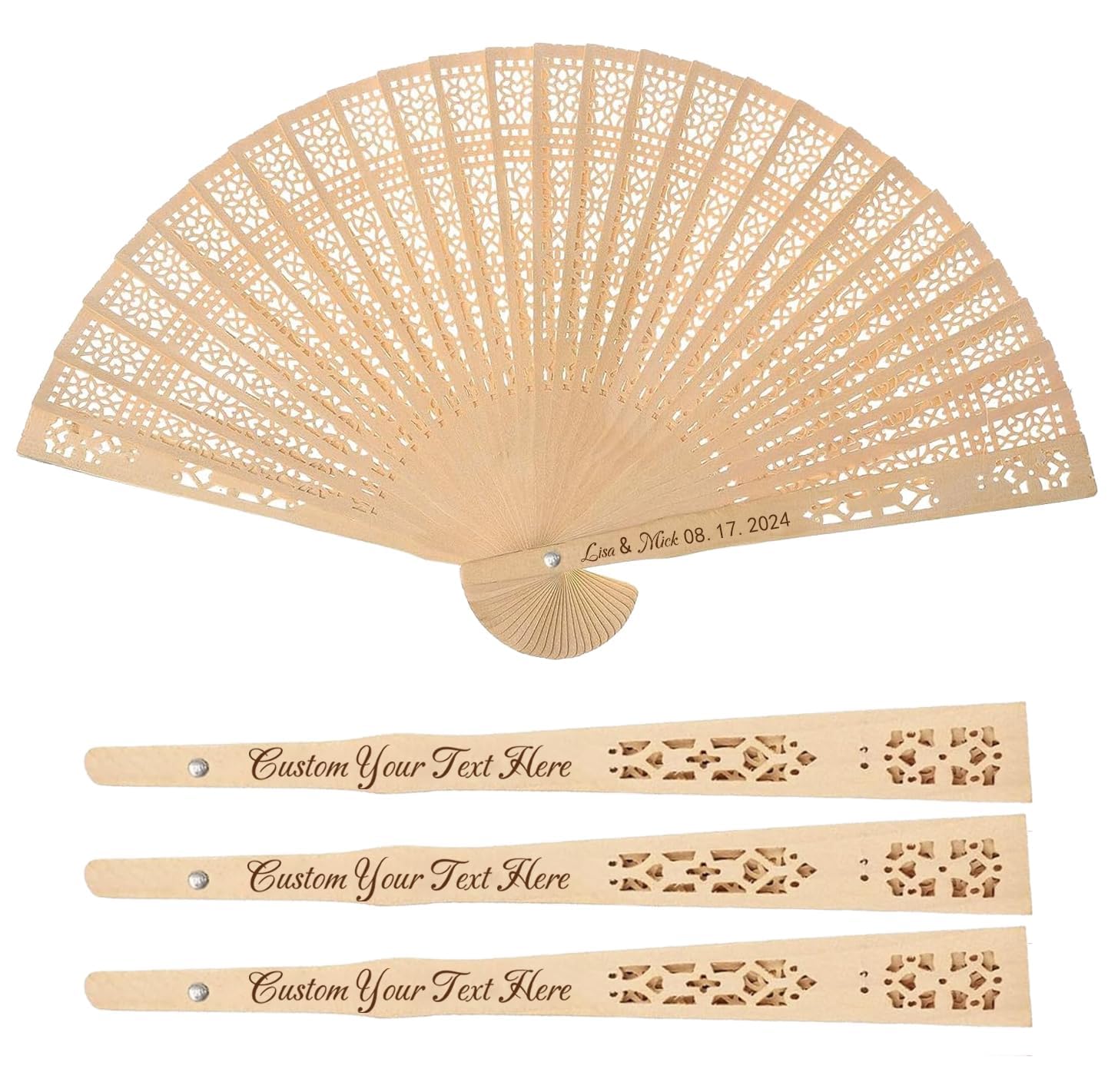 100Pcs Personalized Sandalwood Wedding Folding Hand Fans - Custom Printed Wedding Party Favors with Organza Bags - Elegant Guest Gifts for Outdoor Ceremonies, Beach Weddings & Summer Events (100 Count)