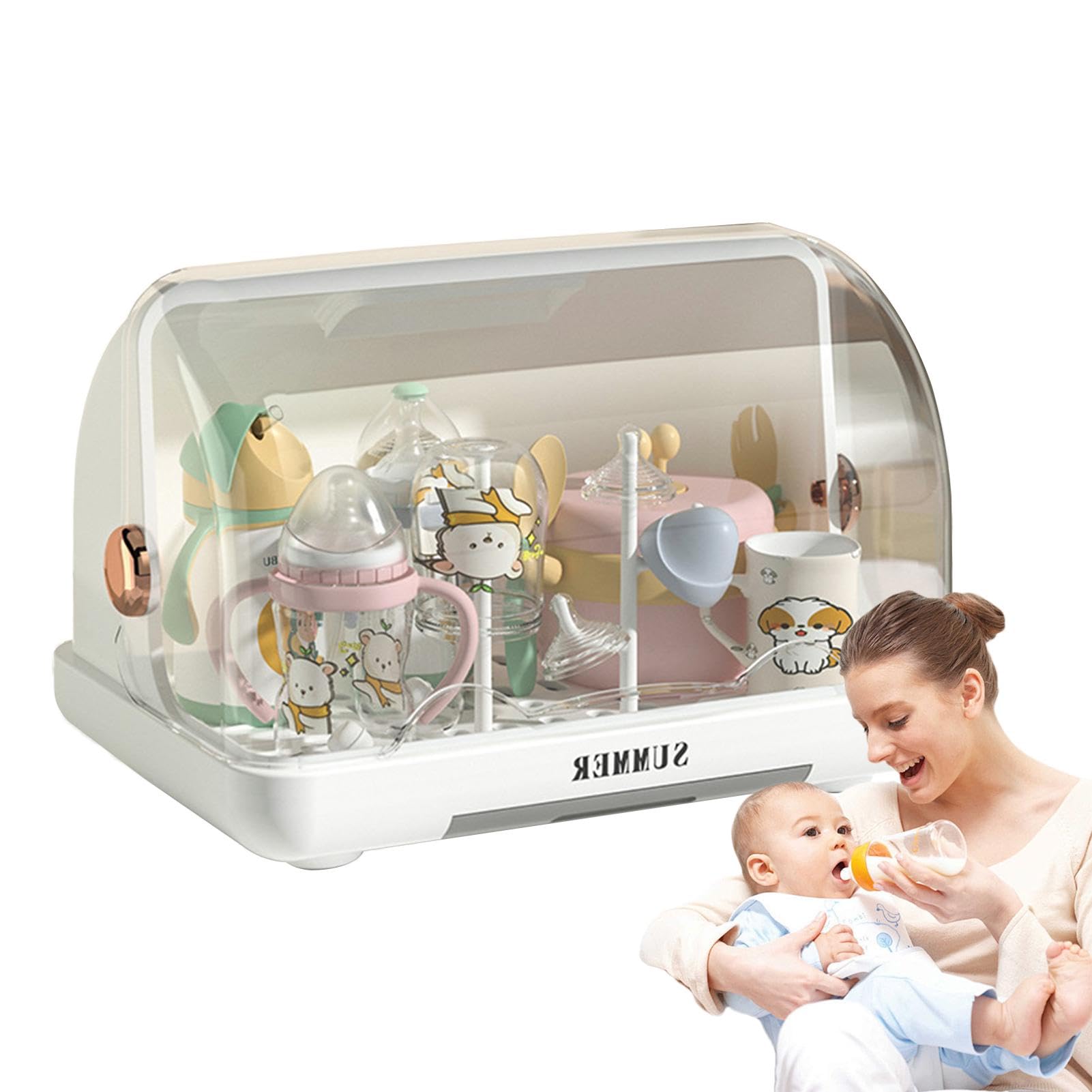 Dustproof Baby Bottle Drying Rack with Lid & Removable Drain Tray - Portable Baby Bottle Organizer Storage Case for Kitchen Cabinet - Perfect for Nursery, Travel & Breast Pump Parts Drying