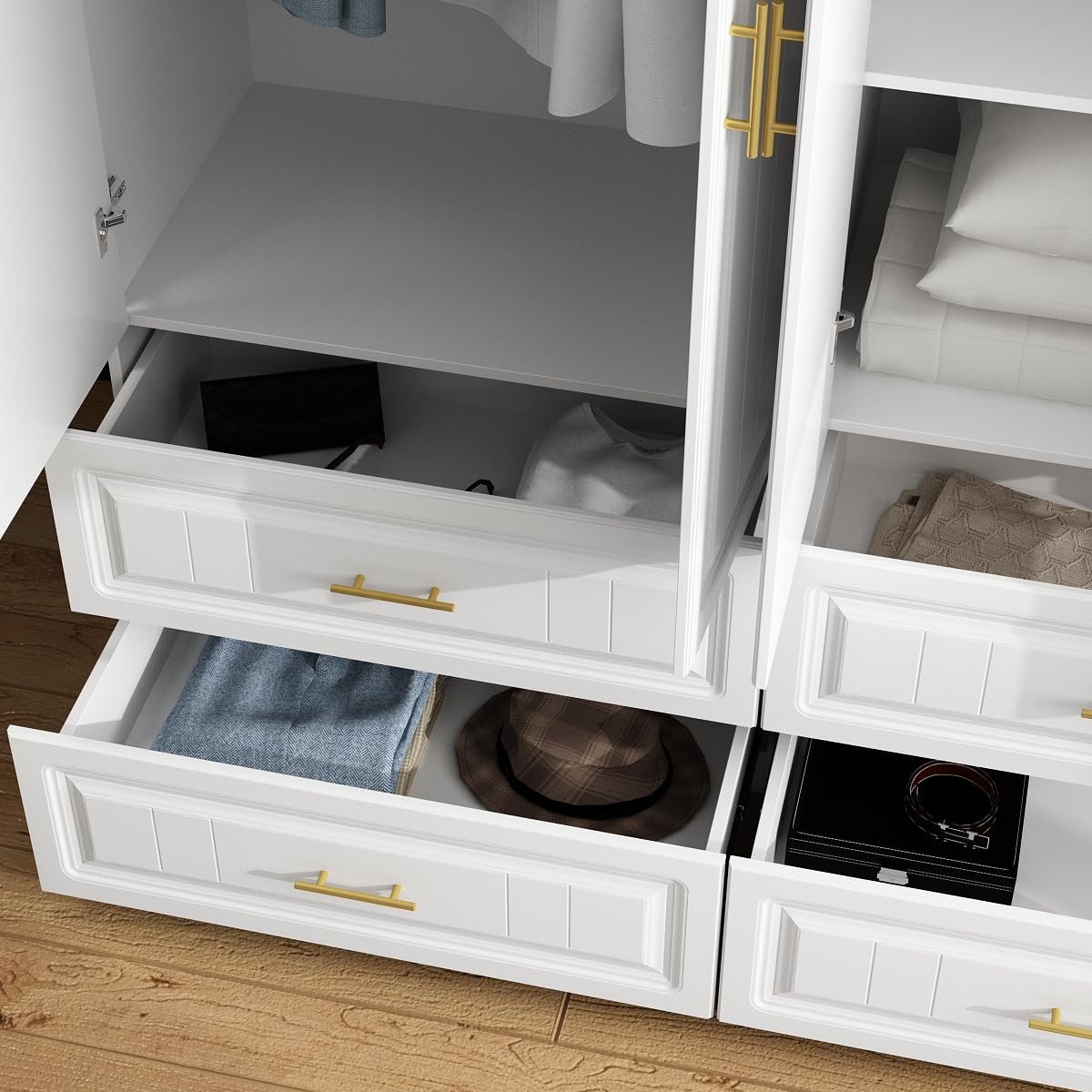 MOUMON 4-Door Wardrobe Closet with Drawers & Shelves, White Armoire Cabinet with Hanging Rod & Gold Metal Handles - 63