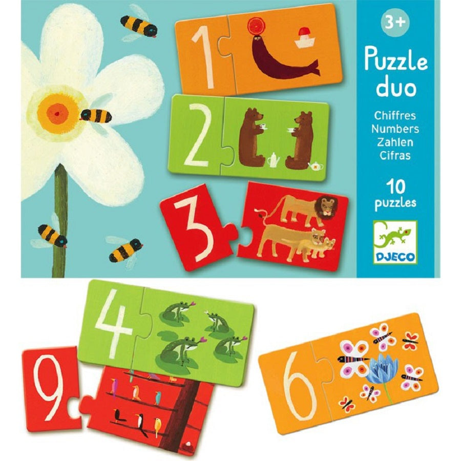 Duo Numbers 20-Piece Educational Wooden Puzzle for Toddlers by Djeco - Learning Counting & Matching Game for Preschool Kids | Perfect for Classroom & Homeschool Activities