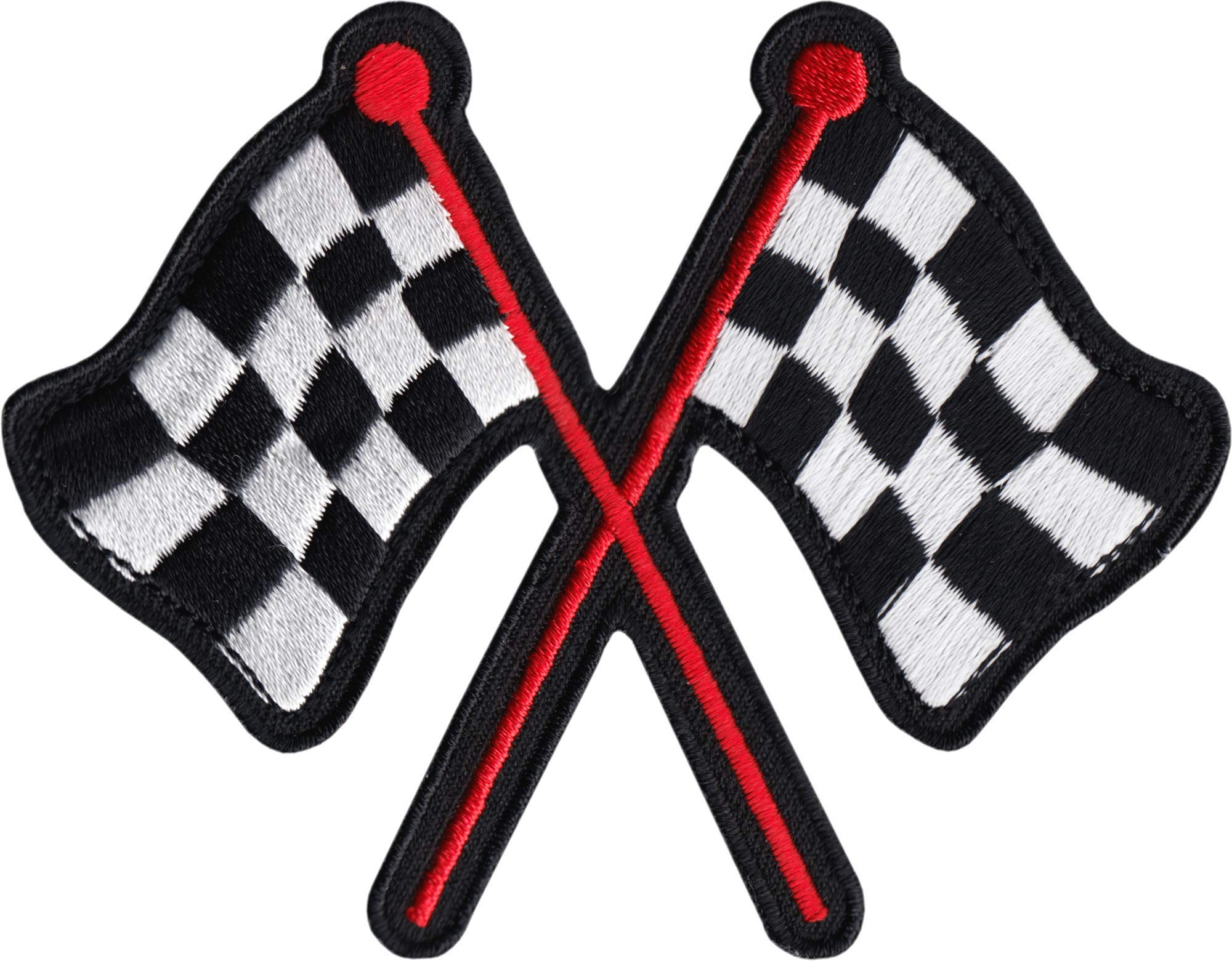Crossed Checker Racing Flags Iron-On Patch - Embroidered Cut-Out Design for Motorsports, DIY Jackets & Backpacks - Perfect for Racing Fans & Custom Apparel