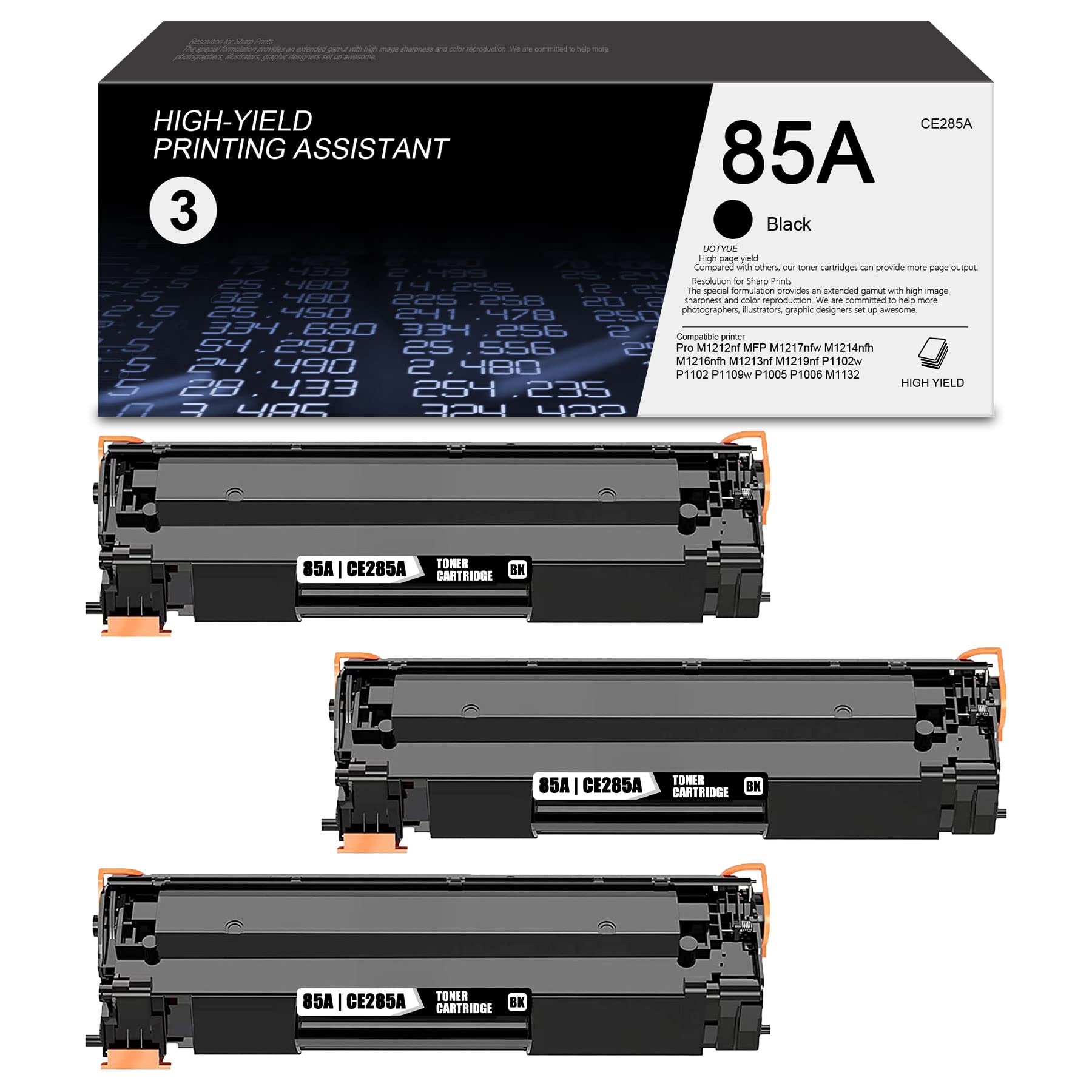 UOTYUE 3 Pack Black 85A CE285A High Yield Toner Cartridge Replacement for HP Pro P1006 M1132 M1212nf MFP M1217nfw M1214nfh M1216nfh M1213nf M1219nf P1102w P1102 P1109w P1005 Printer - Compatible with Home & Office Printing Needs