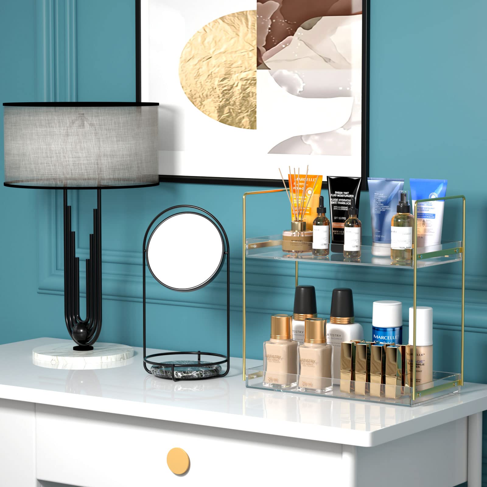 2-Tier Acrylic Bathroom Countertop Organizer - Vanity Skincare & Makeup Tray with Gold Finish | Under Sink Kitchen Storage Shelf for Cosmetics, Perfume, Spices | Perfect for Bathroom Vanity, Bedroom Dresser & Kitchen Counter Organization