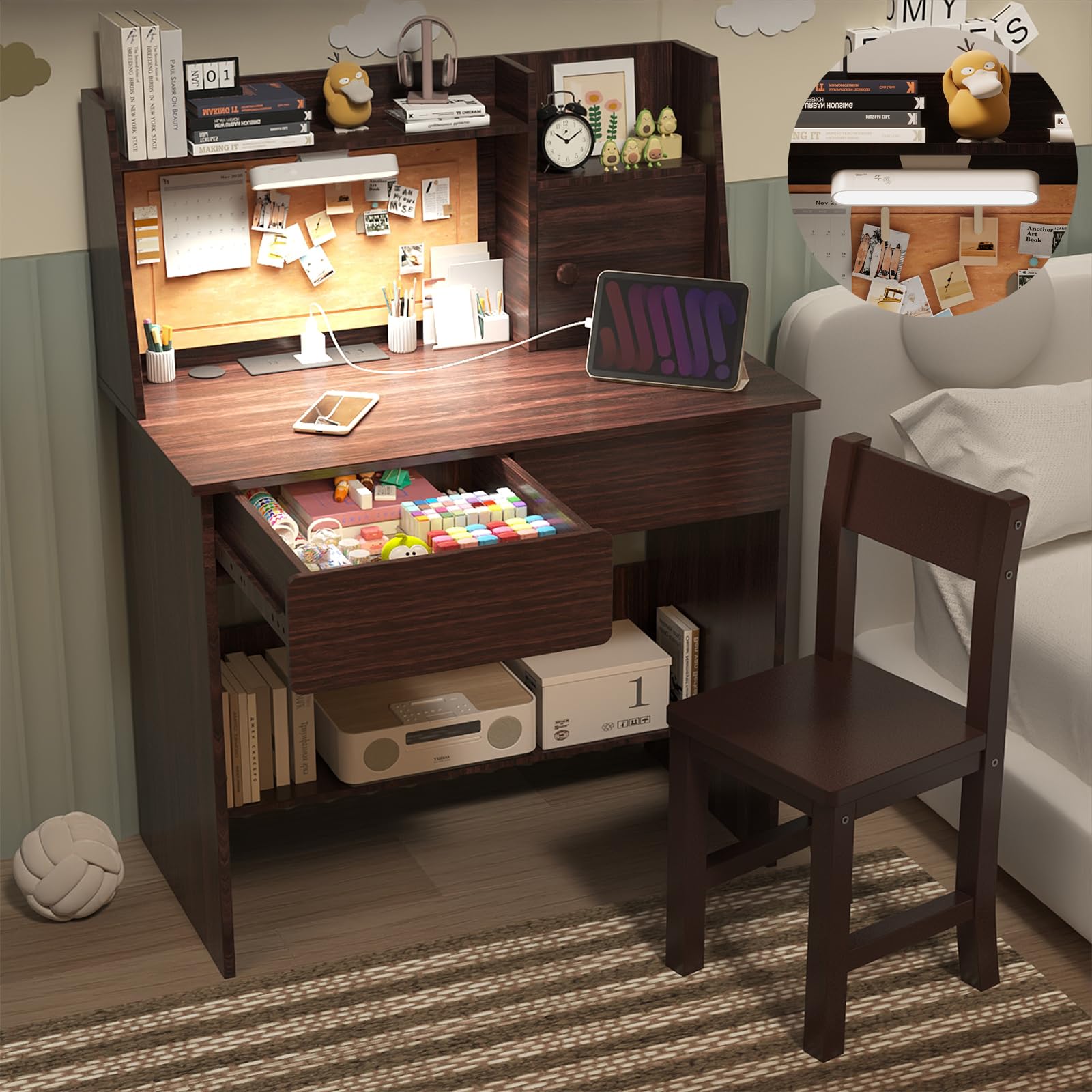 Kids Study Desk and Chair Set with 3-Color LED Lights, Charging Station & Storage - Adjustable Study Table for Children Ages 5-12 - Perfect for Homework, Reading & Online Learning in Bedroom or Playroom