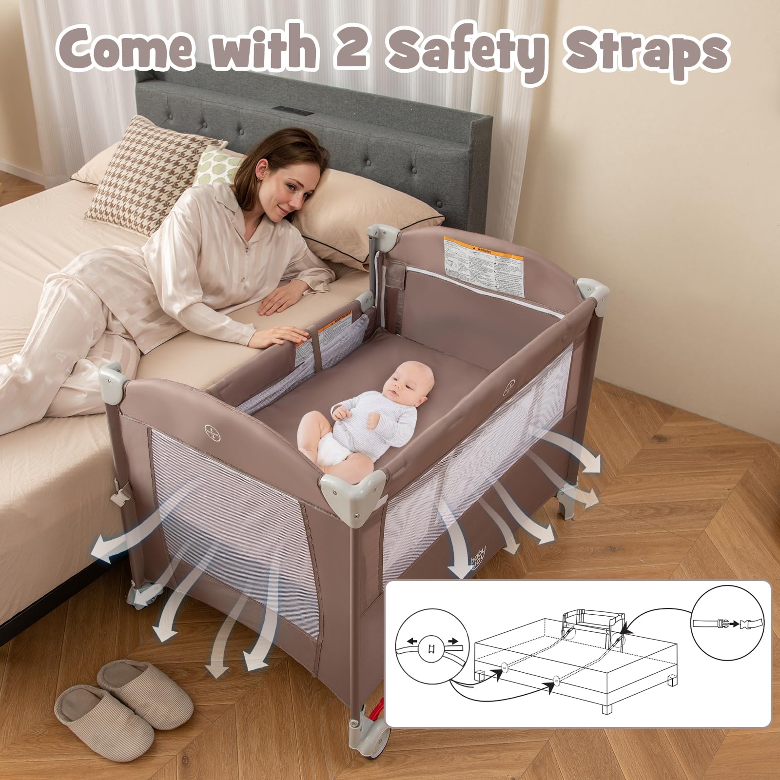 BABY JOY 5-in-1 Portable Baby Playard with Bassinet & Diaper Changer | Safe Bedside Sleeper for Newborn to Toddler | U-Shaped Changing Station, Side Zipper Entrance & Safety Strap | Coffee | Perfect for Nursery, Travel & Co-Sleeping