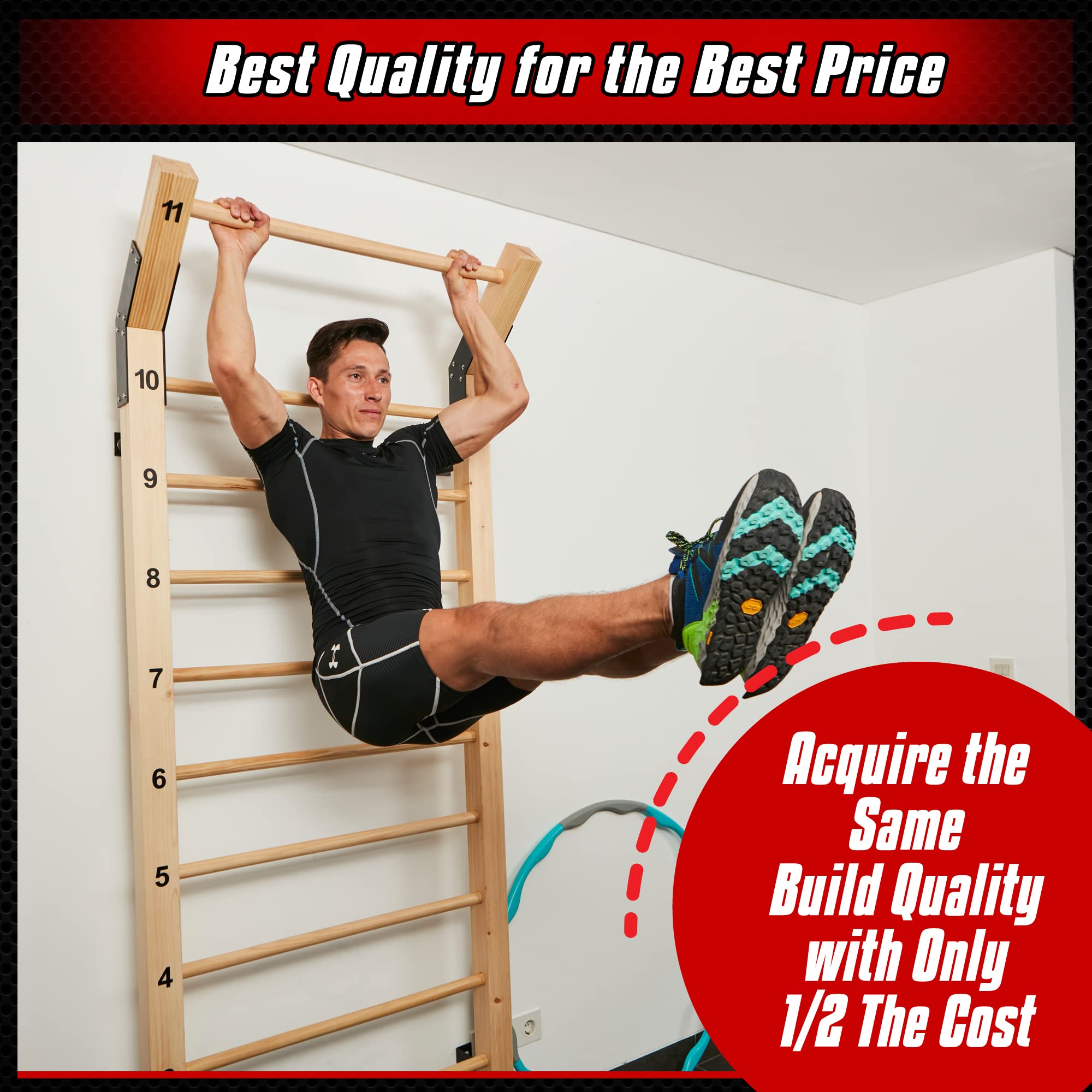 Swedish Ladder Wood Stall Bar - 11-Rung Gymnastic Equipment for Physical Therapy, Back Pain Relief & Scoliosis Exercise | Improve Range of Motion & Strength Training | Perfect for Home Gym, CrossFit & Rehabilitation