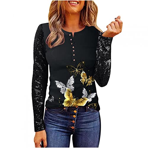 Women's Ribbed Knit Henley Long Sleeve Lace Top - V-Neck Button Down Casual Slim Fit Blouse for Dressy & Everyday Wear | Perfect for Office, Date Night & Weekend Outings