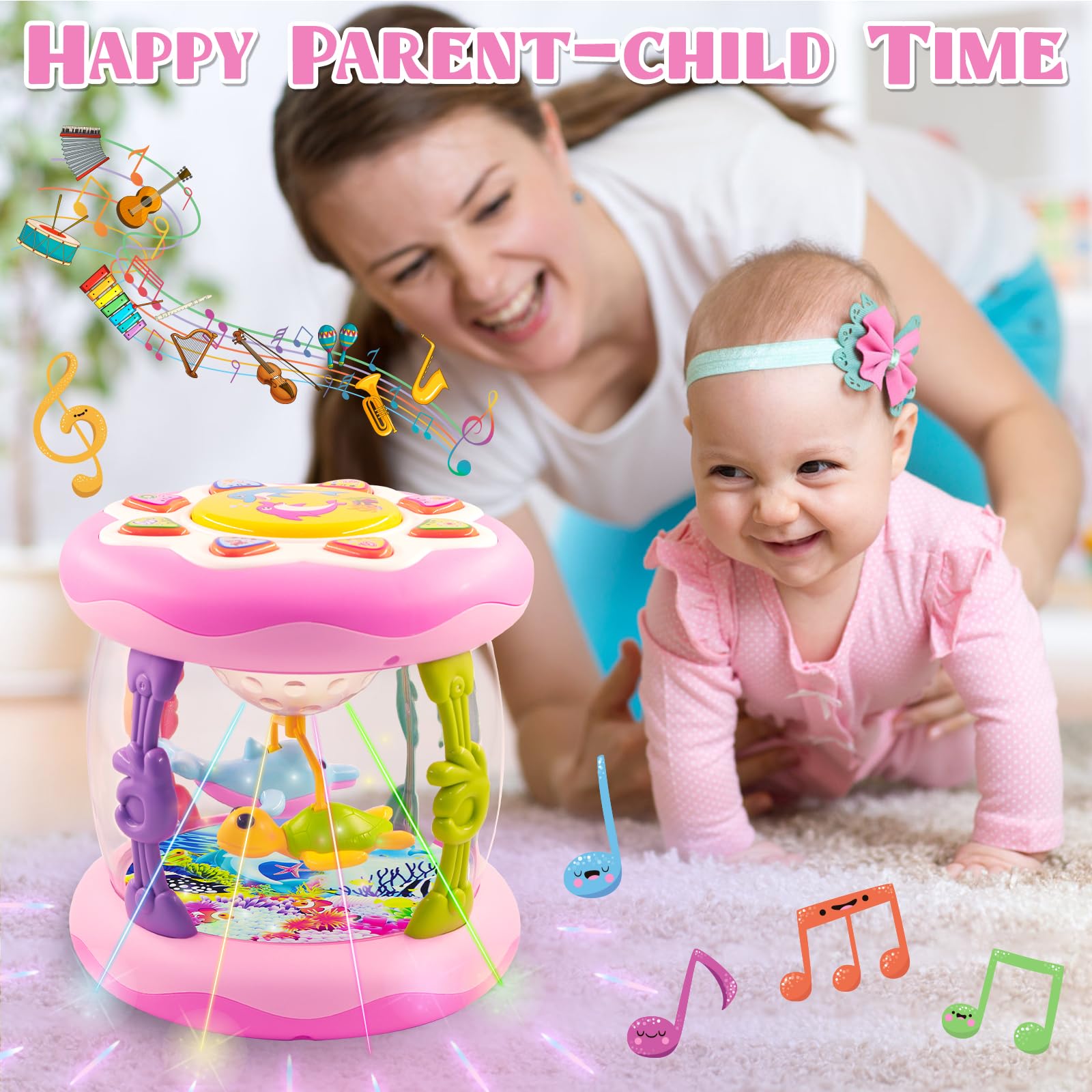Ocean Rotating Light Up Musical Baby Toys for 6-12 Months - Pink Tummy Time & Crawling Toys for Infant Girls 3-18 Months | Interactive Sensory Toy for 1-3 Year Old Girls | Perfect Baby Shower Gift & Early Learning Developmental Toy
