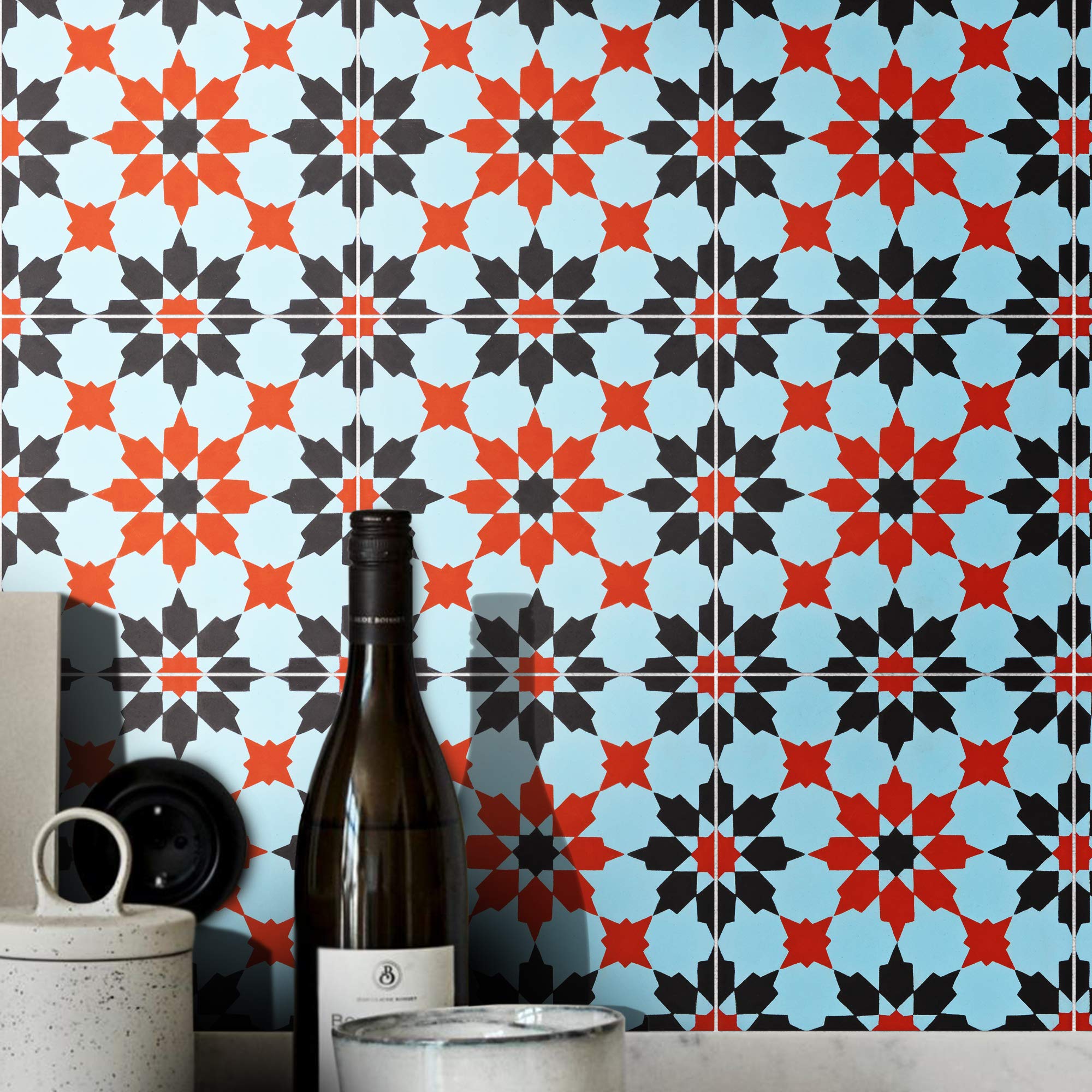 Handmade Moroccan Cement Mosaic Tiles - Pack of 12 (Blue, Red, Black) - Authentic Ahfir Design for Kitchen Backsplash, Bathroom Floor & Wall Decor