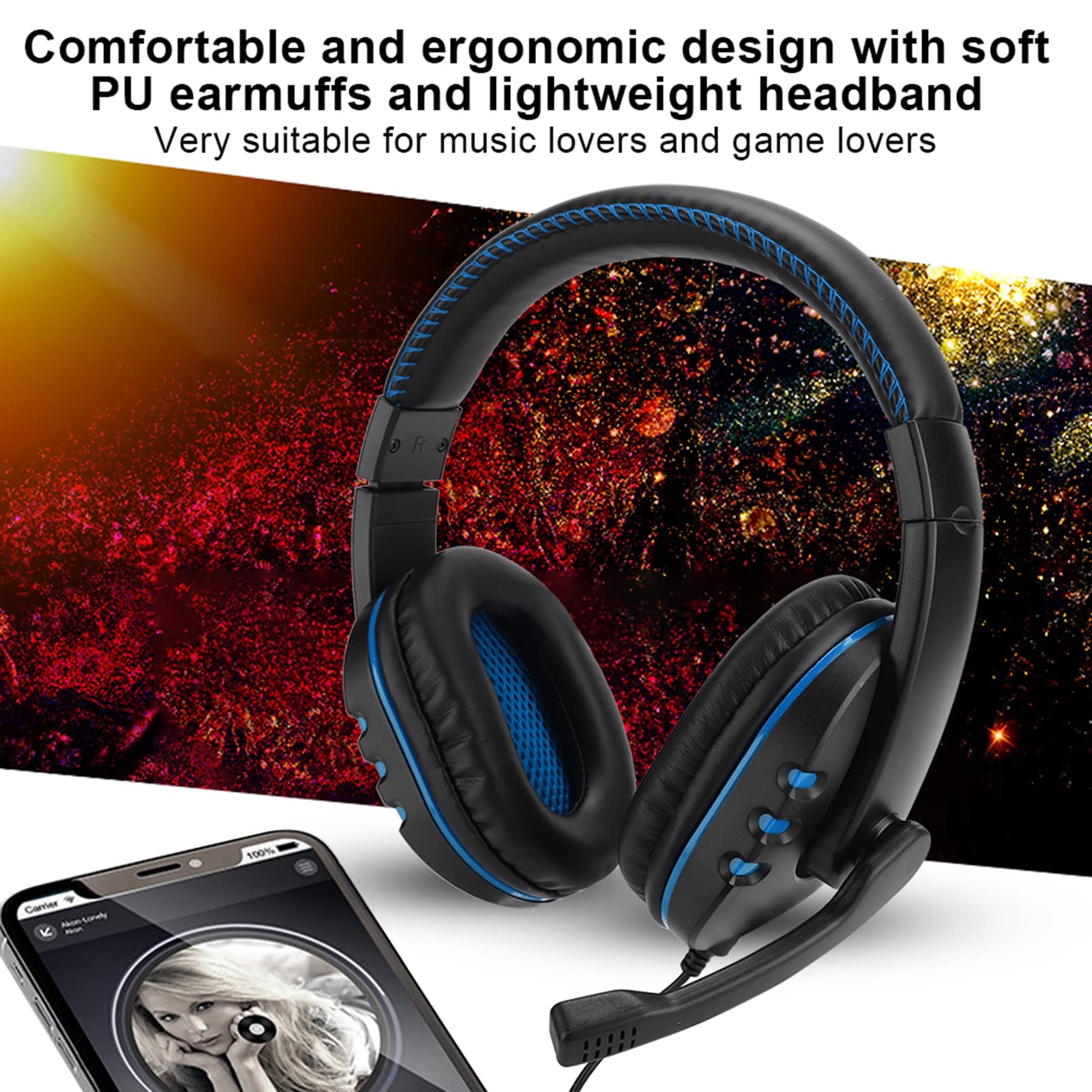 Joyzan Noise Canceling Headphones with Microphone - Stereo Surround Sound Gaming Headset with Soft PU Earmuffs for PC, Laptop, Music & Gaming | Perfect for Office Work, Online Classes & Streaming (Black & Blue)