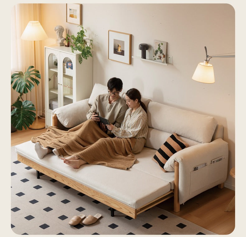 Solid Oak Wood Convertible Sofa Bed - Retractable Design for Sitting & Sleeping | Perfect for Small Spaces, Guest Rooms & Apartments