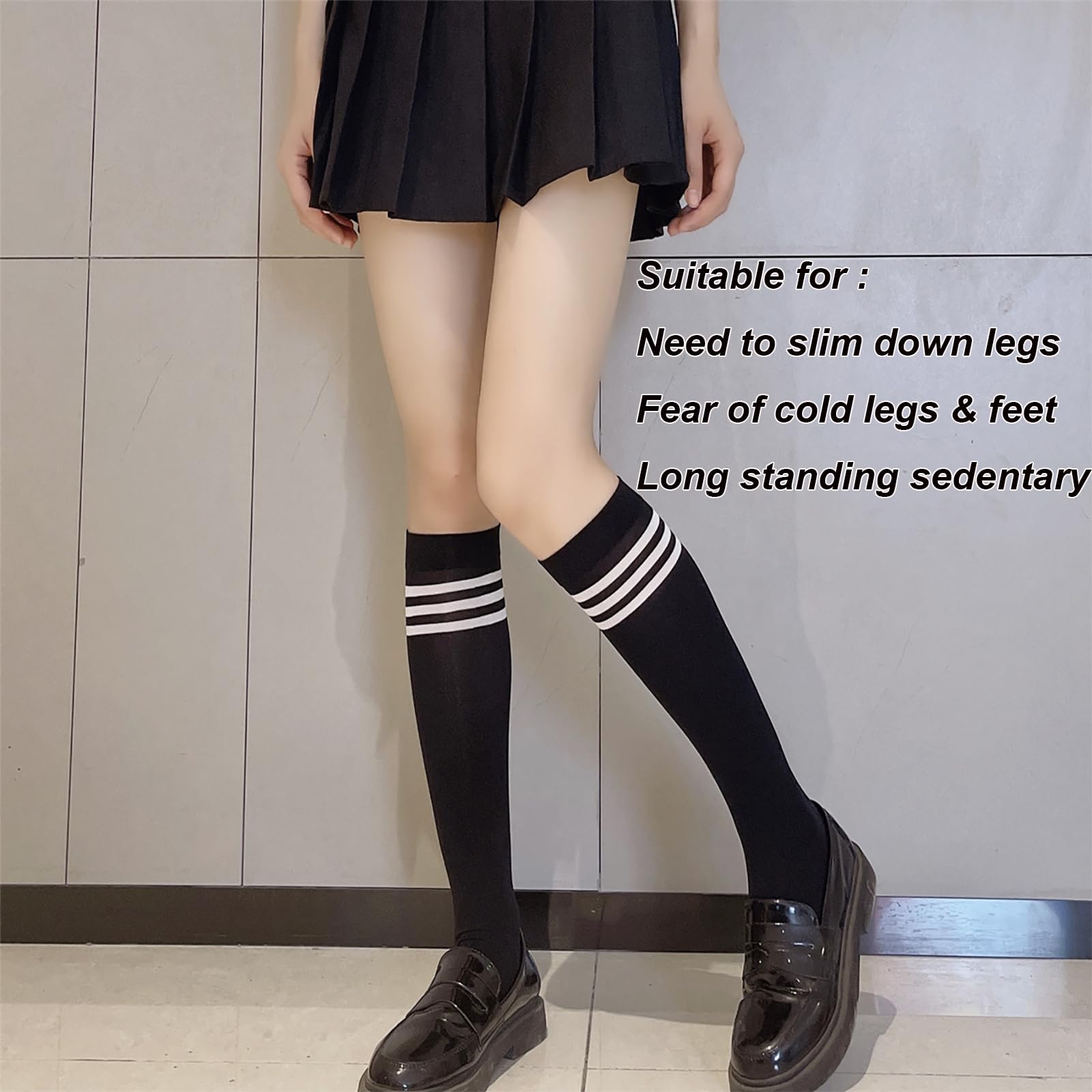 KEYRI 2 Pairs Women's Knee High Socks - Soft Calf Stockings for Girls & Women, Mid-Thigh Silk Socks with 3 Stripes, One Size Fits Most - Perfect for Casual Wear, Office Outfits and Winter Fashion