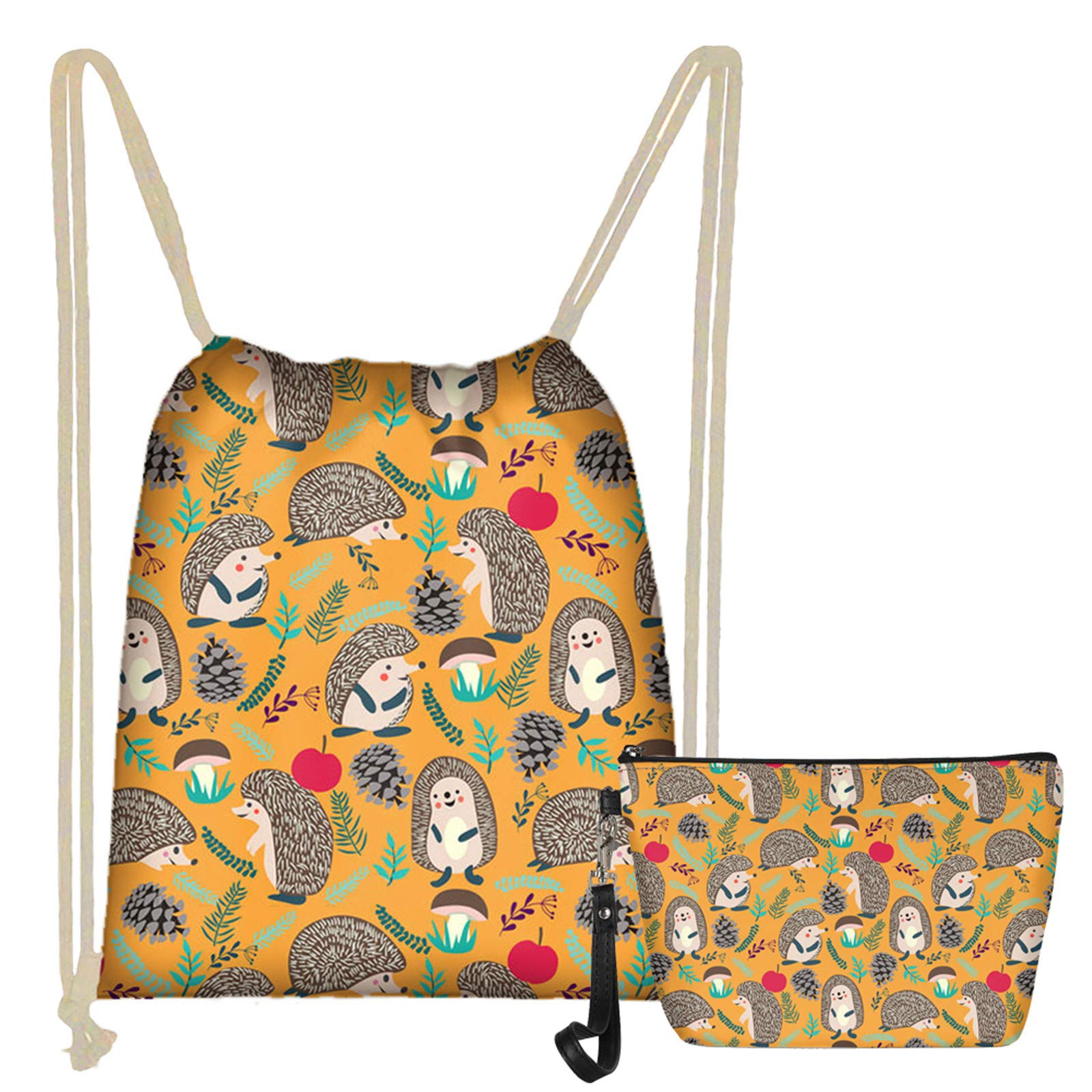 WELLYHOM Cute Hedgehog Print Kids Swim Bag & Women's Travel Makeup Bag Set - Waterproof Gym Clothes Backpack for Boys Girls School PE, Sports, Beach, Pool | Portable Drawstring Backpack for Hiking, Camping, Vacation Essentials