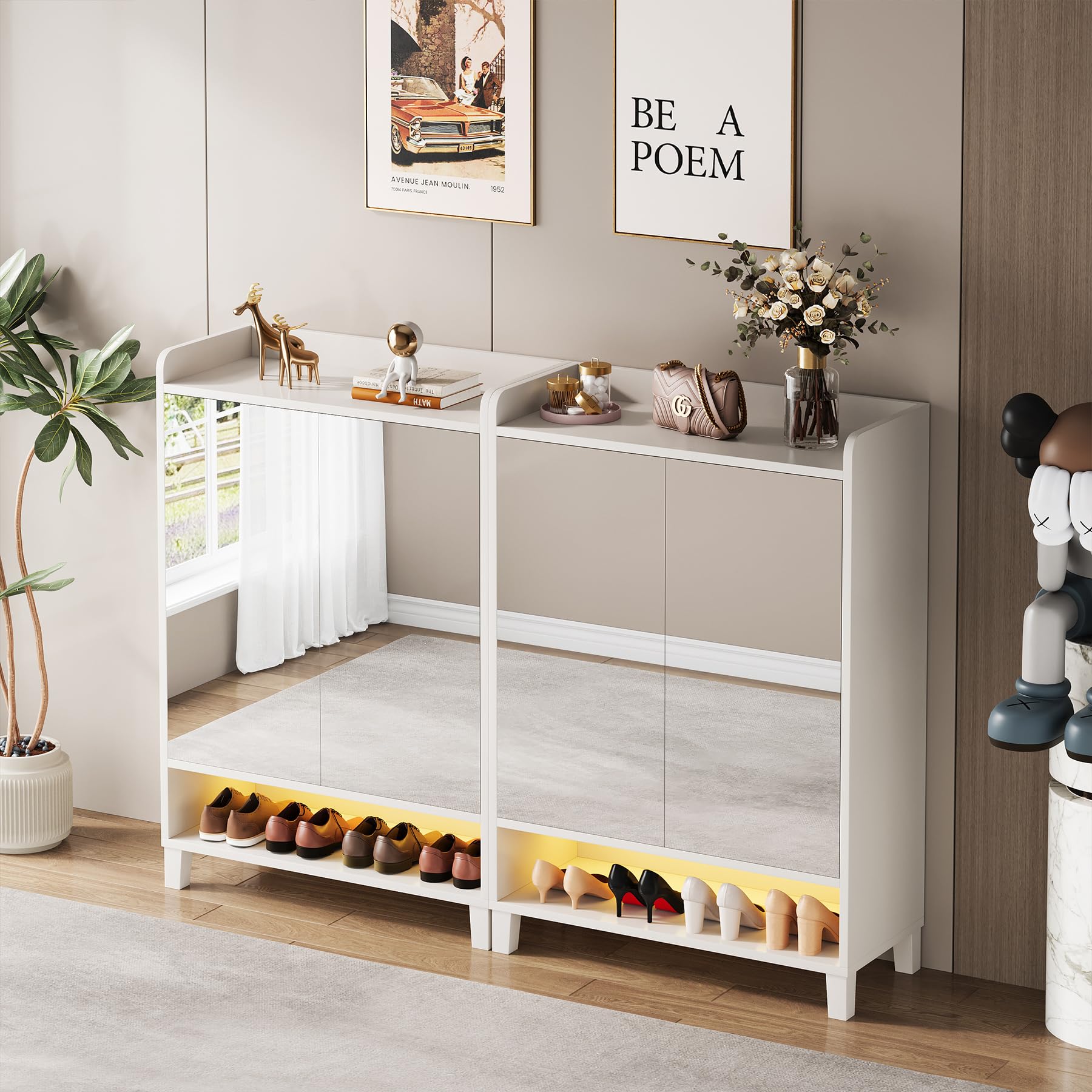 7-Tier Shoe Cabinet with Mirrored Door & LED Light - Adjustable Shelf Freestanding Shoe Storage Organizer for Entryway, Hallway - Modern White Shoe Rack for Home, Apartment, Dorm Organization
