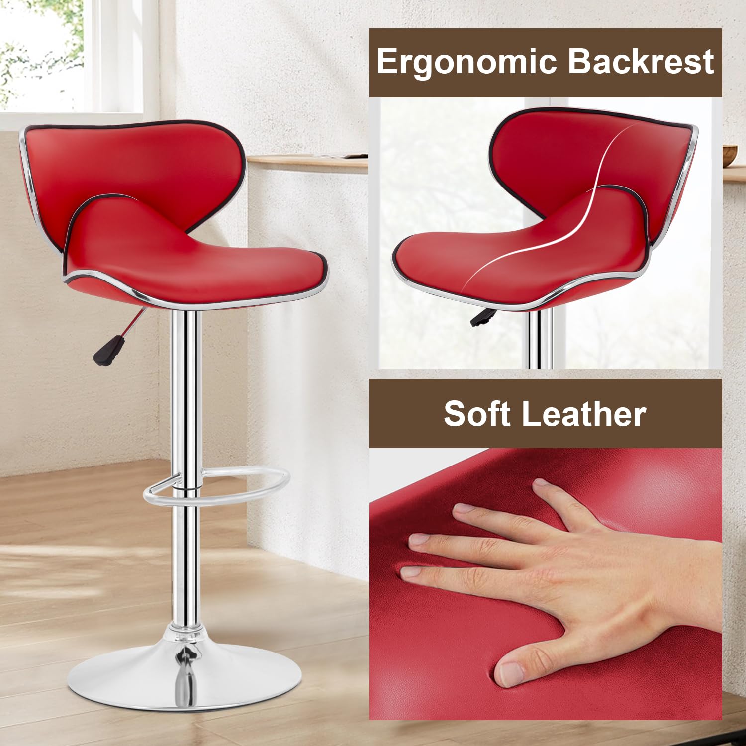Best Adjustable Bar Stools Set of 2 - PU Leather Swivel Counter Height Bar Stools with Back Support - Perfect for Kitchen Island, Home Bar & Dining Room