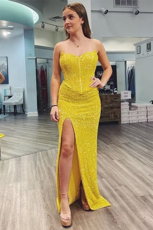 Strapless Corset Sequin Prom Dress - Long Sparkly Mermaid Gown with High Slit for Women | Elegant Evening Party, Formal Dance, Homecoming, Red Carpet & Special Occasions