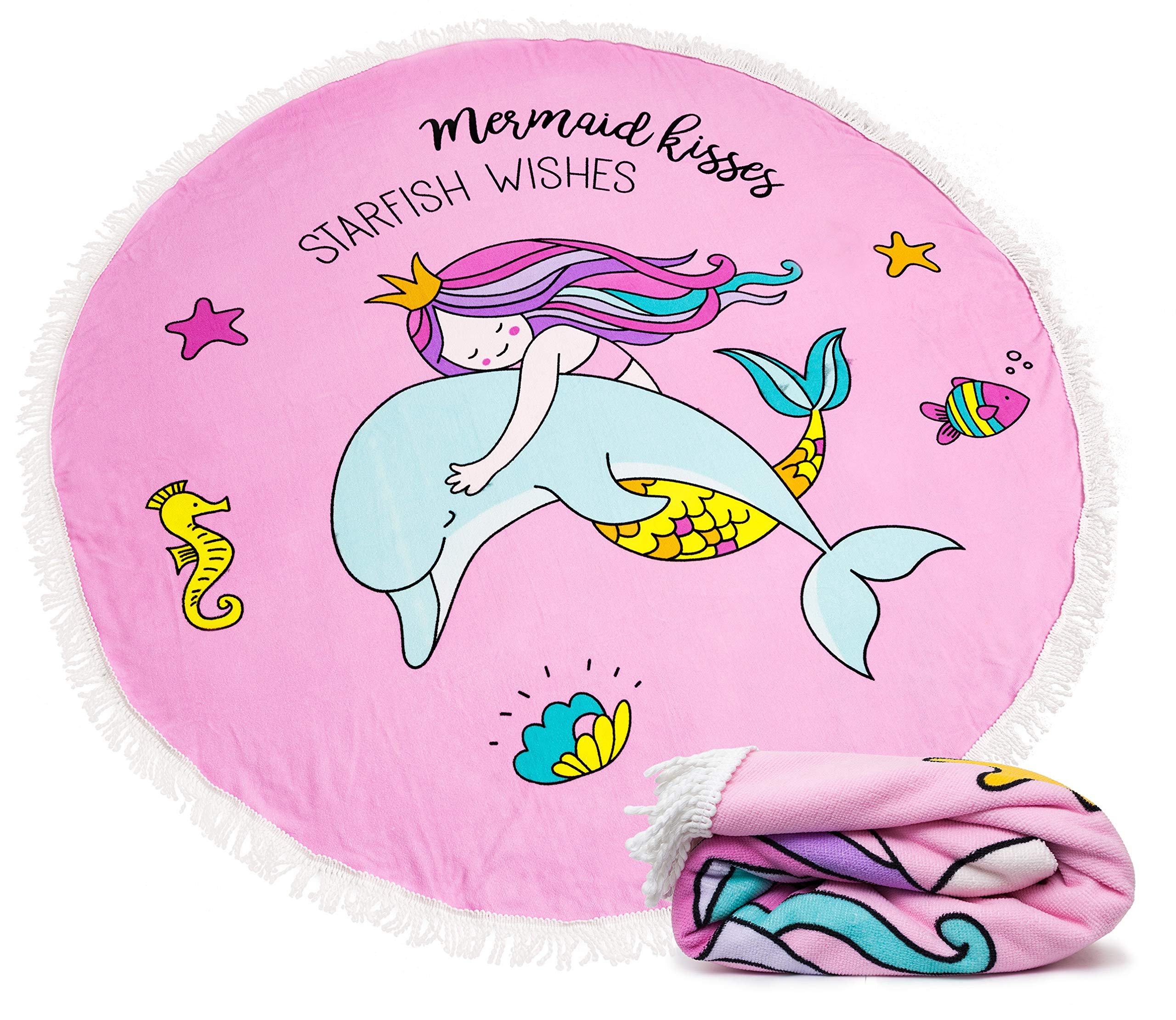 Mermaid Kisses Starfish Wishes 5 ft Round Ultra Soft & Absorbent Microfiber Beach Towel Blanket with Tassels - Perfect for Beach, Pool, Picnic, Yoga & Outdoor Activities