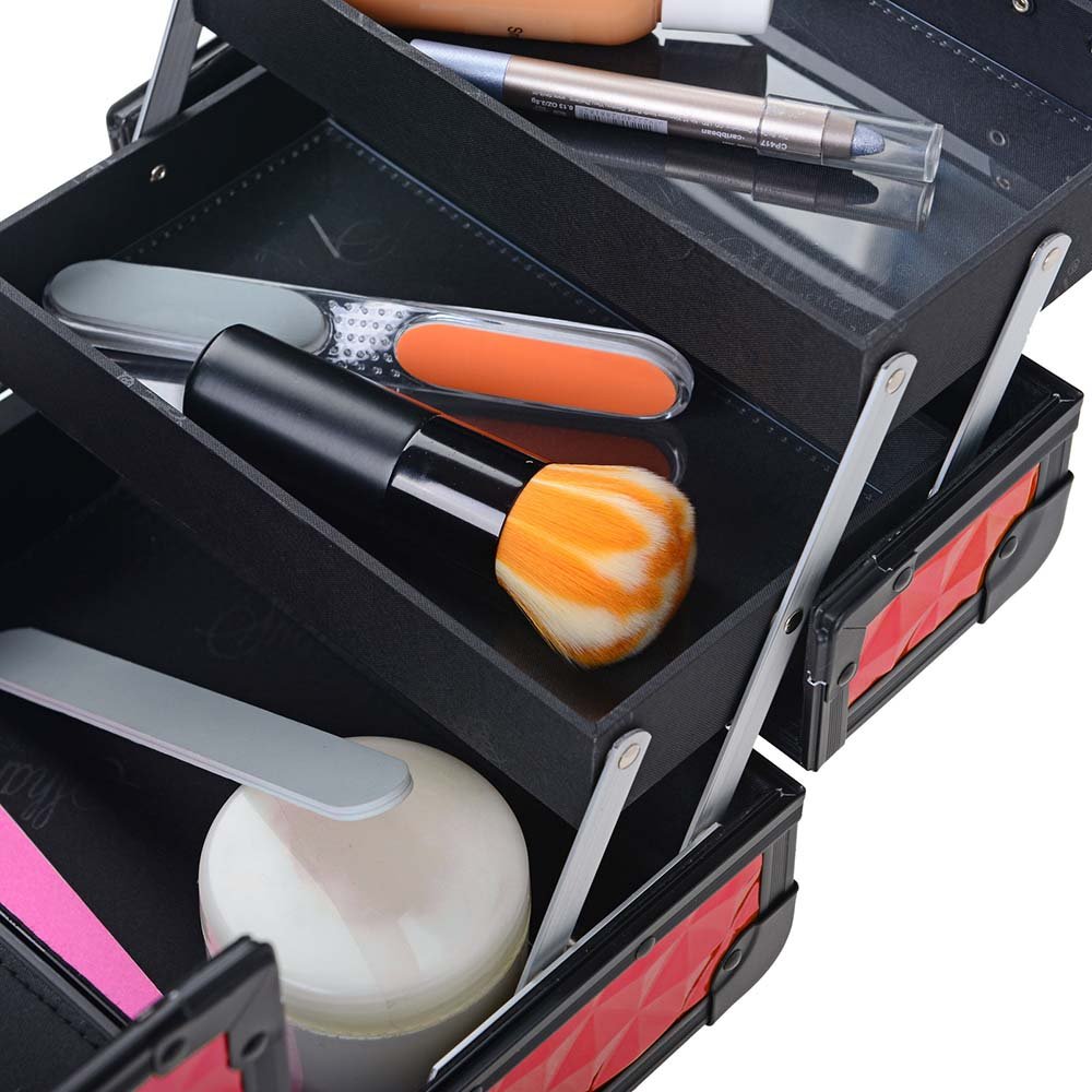 SHANY Chic Portable Makeup Train Case with Lock & Mirror - 3-Tier Cosmetic Organizer for Makeup, Jewelry Storage | Travel, Salon & Home Beauty Organization (Ruby Red)