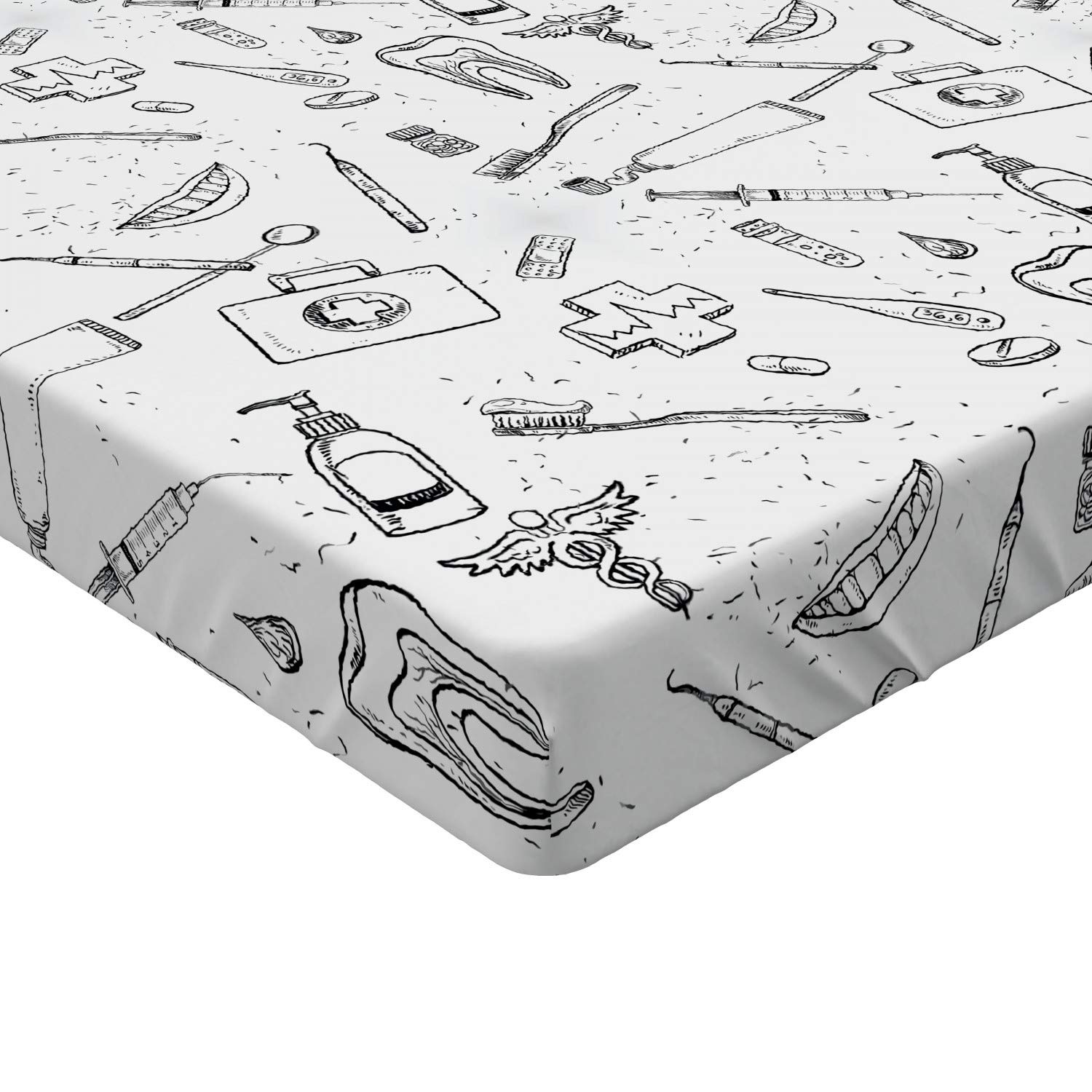 Ambesonne Hipster Fitted Sheet - Hand Drawn Dental Hygiene Themed Teeth Care Pattern - Deep Pocket Elastic Twin Size Bed Cover in Black & White | Perfect for Dentist Offices, Kids' Rooms & Unique Bedroom Decor