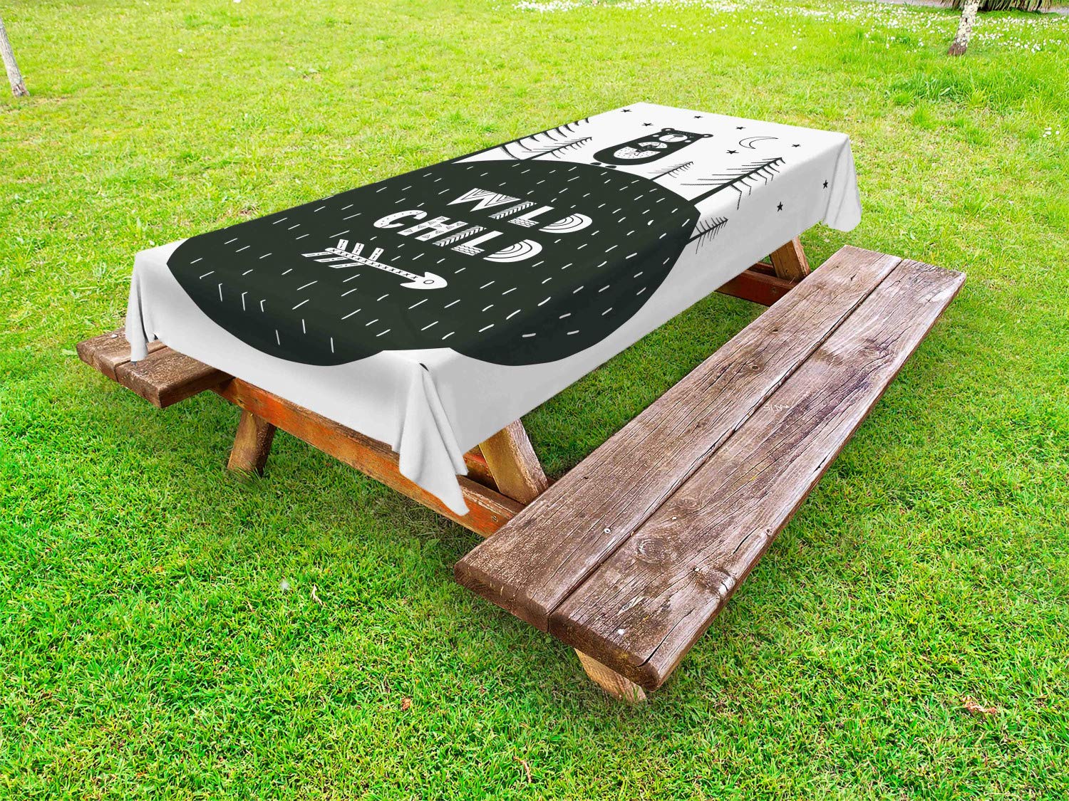 Ambesonne Grey and White Outdoor Tablecloth – Hand-Painted Bear Holding Fish in Forest Design, Waterproof Washable Picnic Table Cover 58x120 Inches – Perfect for BBQs, Camping & Garden Parties (White/Charcoal Grey)