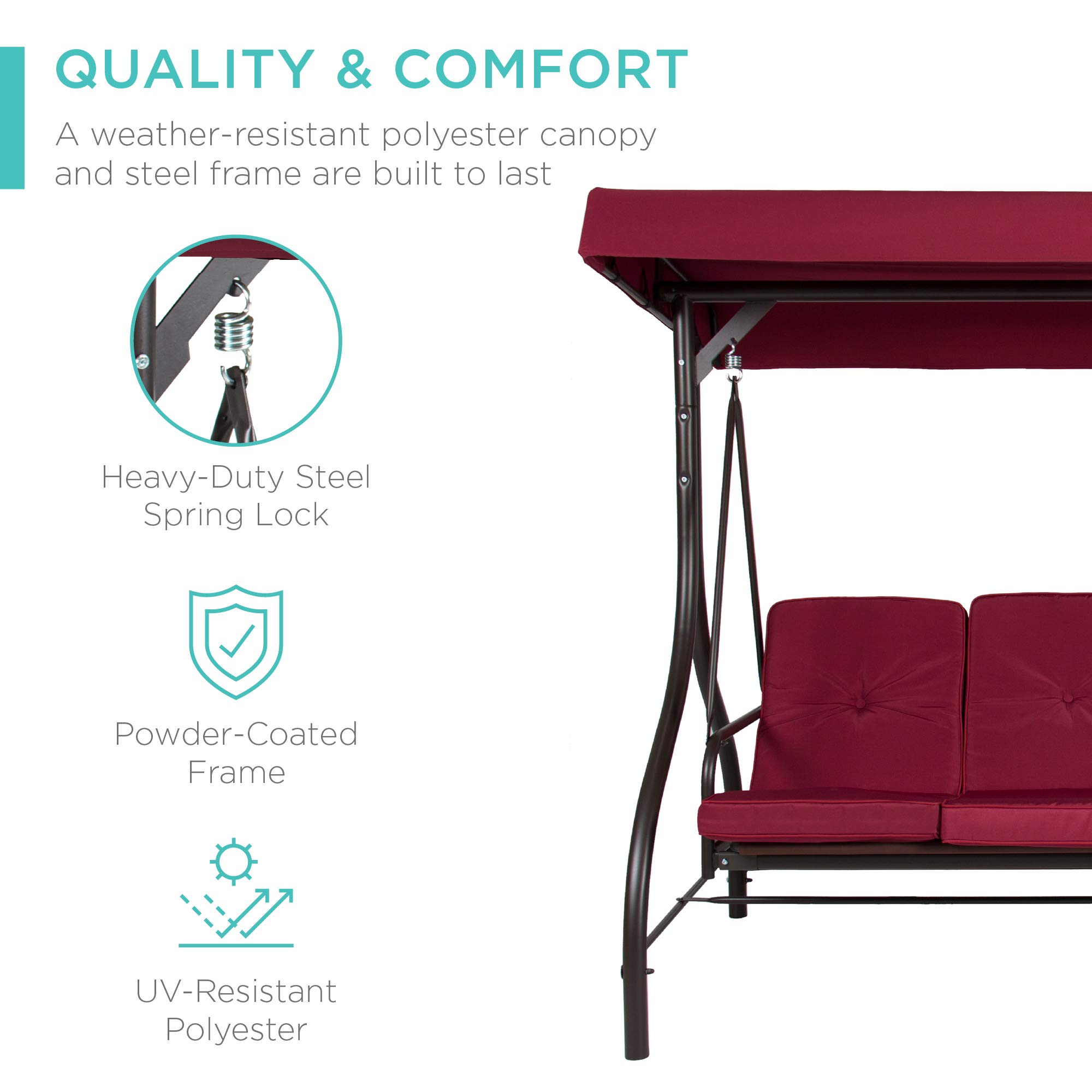 Best Choice Products 3-Seat Outdoor Canopy Swing Glider with Adjustable Shade - Patio Hammock Lounge Chair for Porch, Backyard, Garden w/ Removable Cushions & Flatbed - Burgundy Red - Perfect for Relaxing, Lounging and Outdoor Entertaining