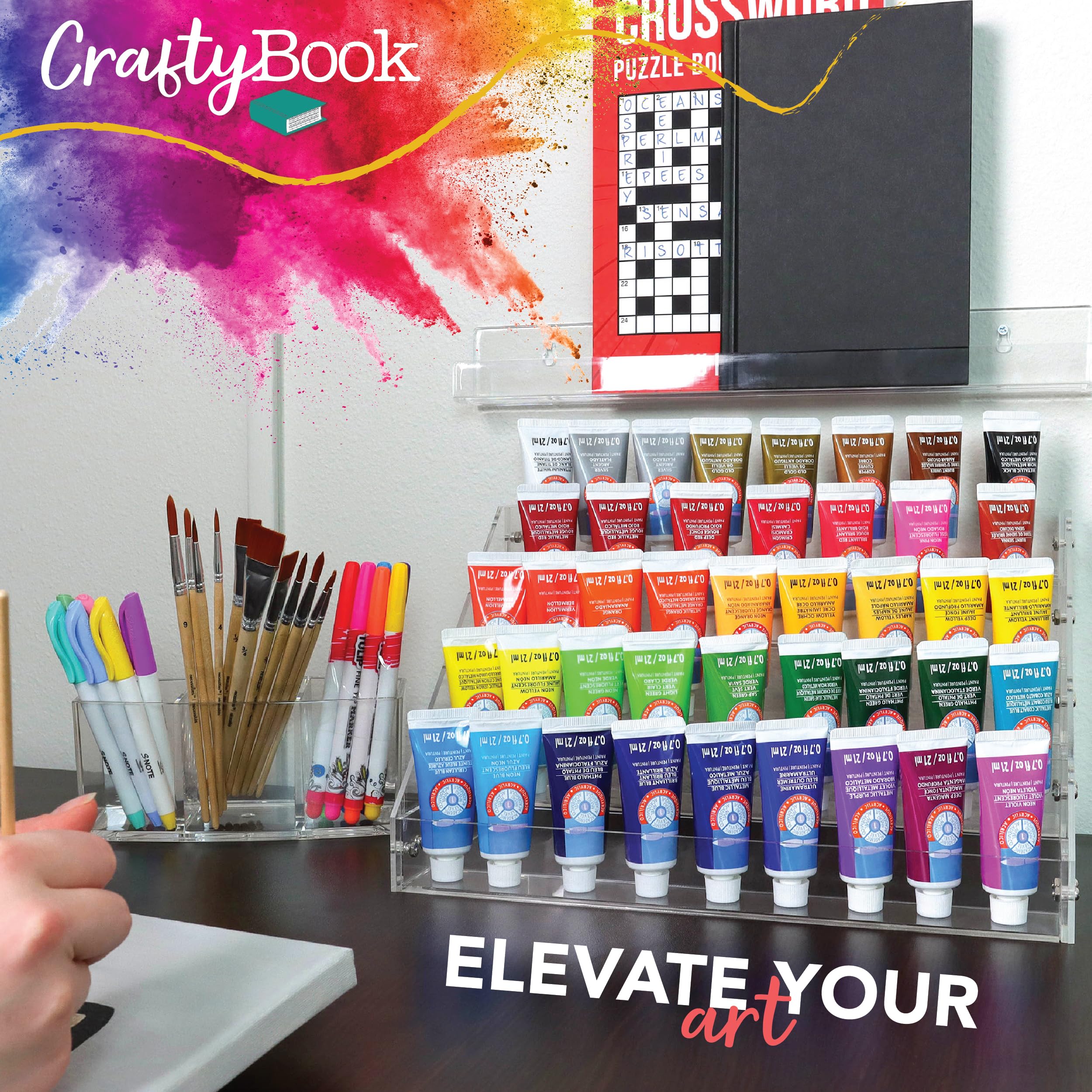 5-Tier Acrylic Art Supply Organizer with Brush Holder - Clear Tabletop Storage Shelf for Nail Polish, Model Paint & Hobby Supplies - Perfect for Artists, Nail Salons & Craft Rooms