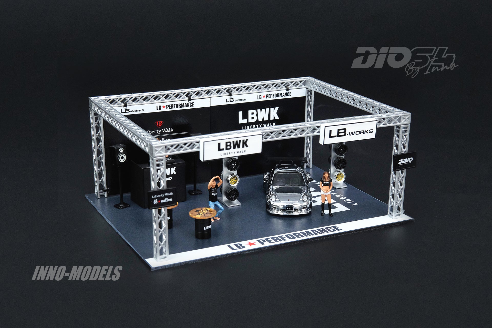 INNO Models 1:64 Scale Liberty Walk Porsche 997 LBWK Chrome Finish Diecast Car with Figure Set - Perfect for Collectors, Display Cases, and Diorama Scenes